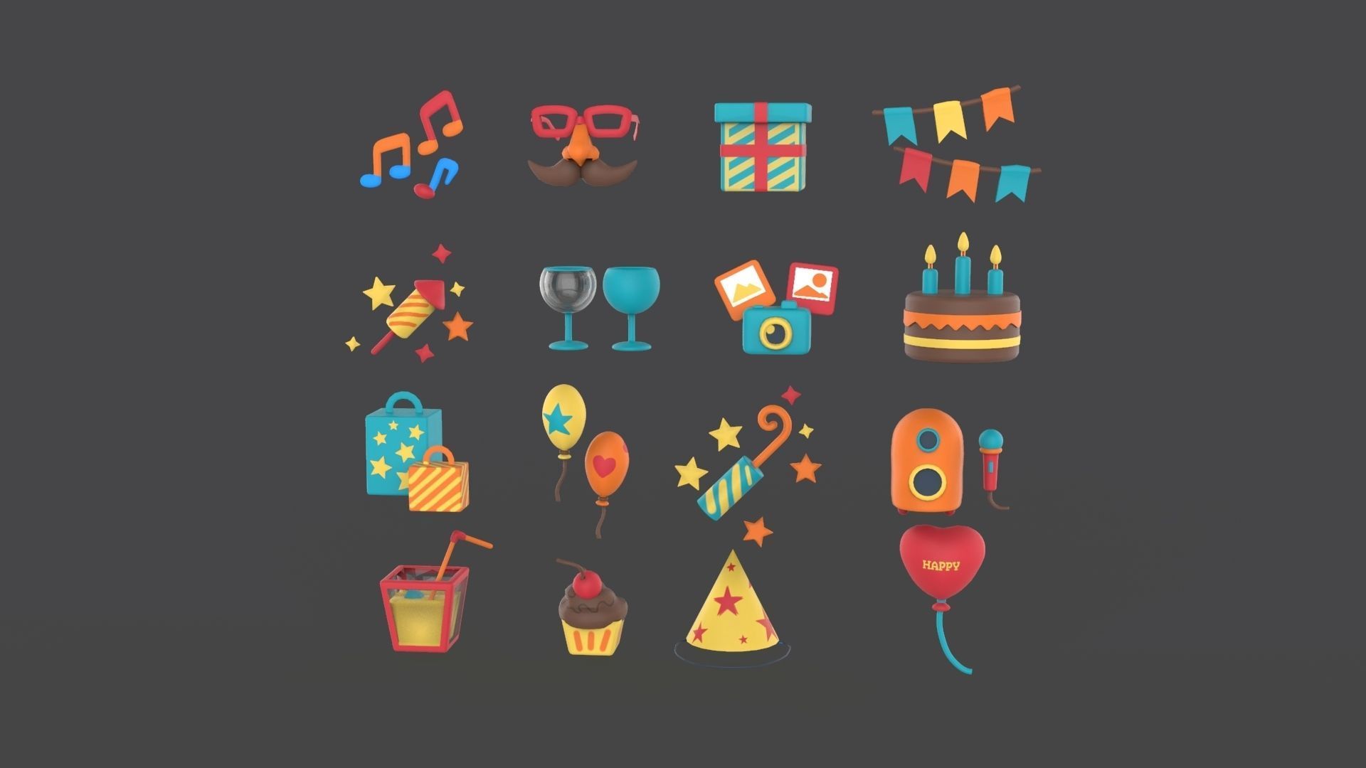 Cartoon Party Icons Pack v001 Low-poly 3D model_1