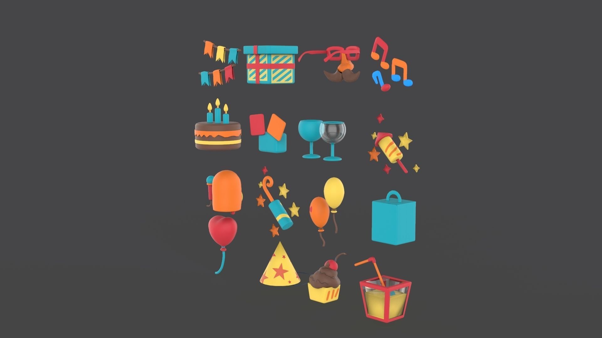 Cartoon Party Icons Pack v001 Low-poly 3D model_4