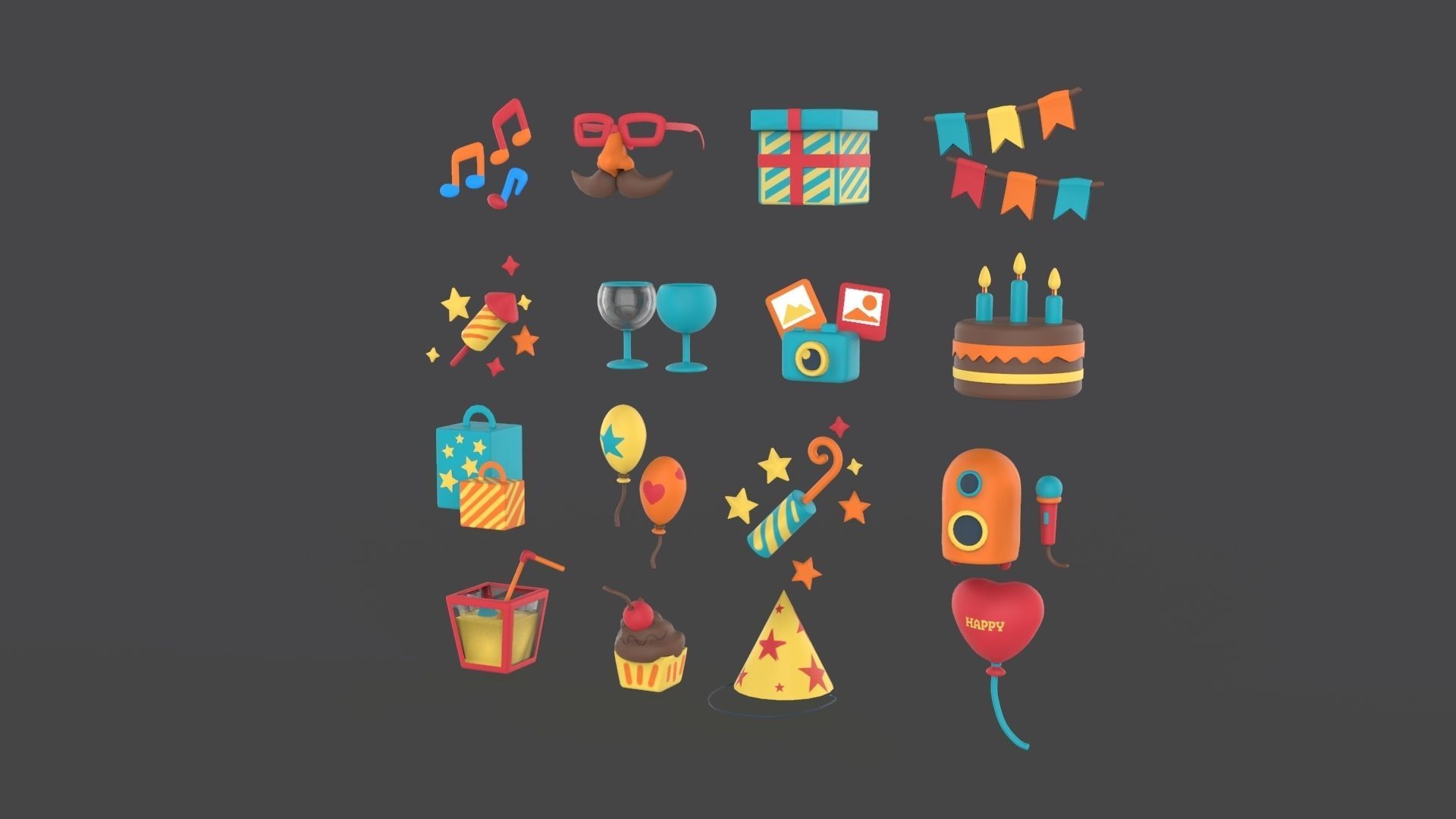 Cartoon Party Icons Pack v001 Low-poly 3D model_14