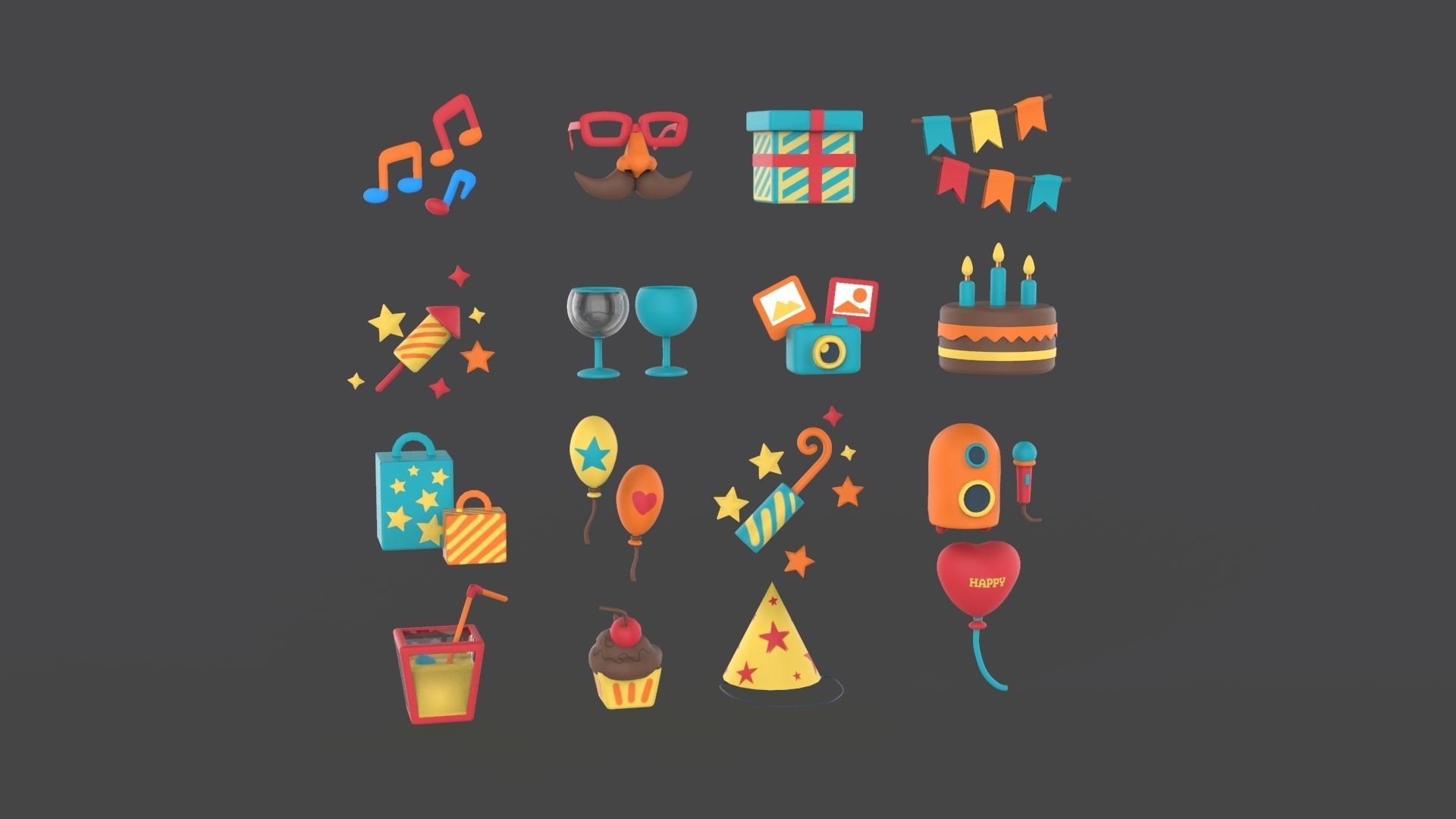 Cartoon Party Icons Pack v001 Low-poly 3D model_12