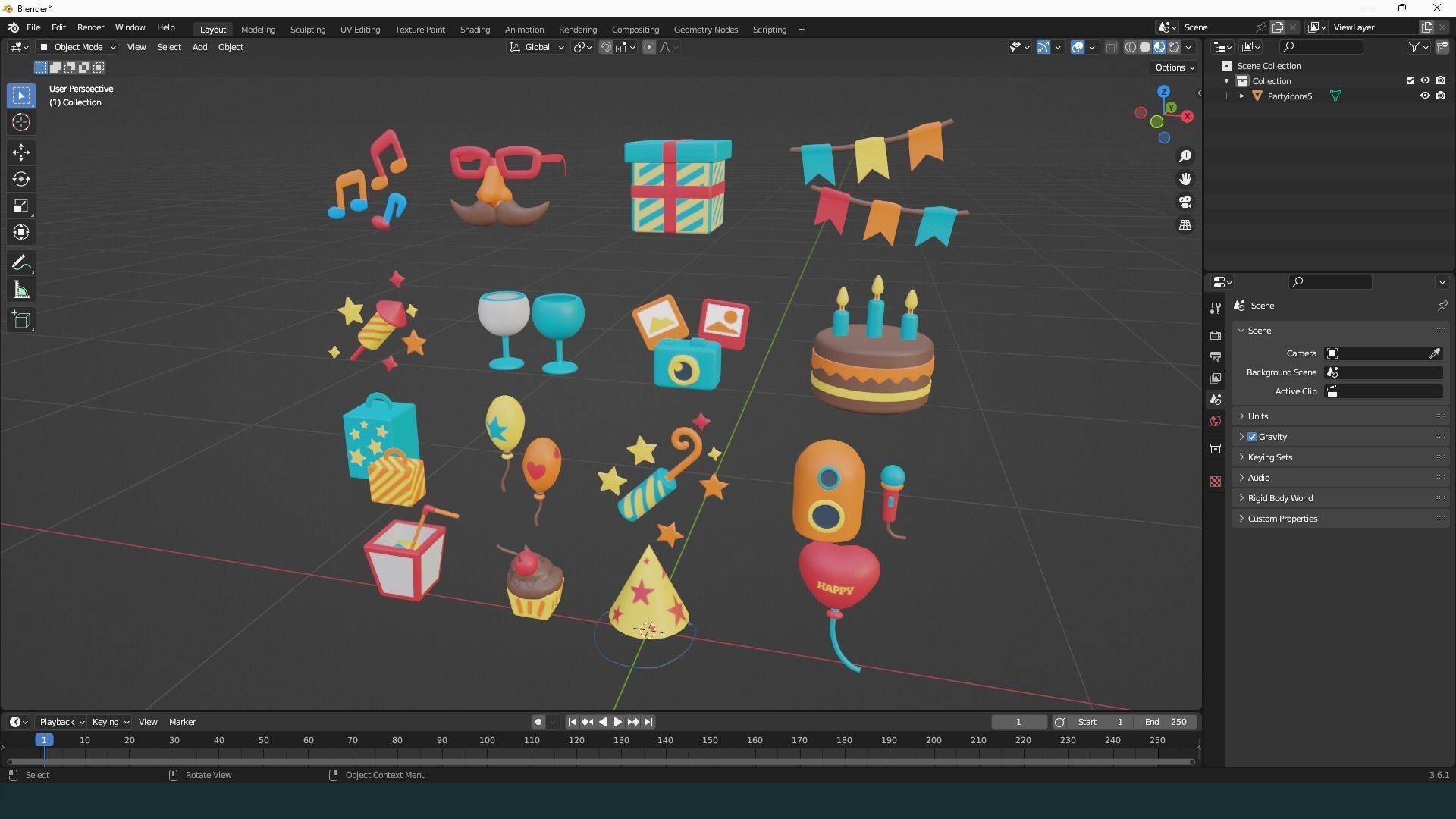 Cartoon Party Icons Pack v001 Low-poly 3D model_8