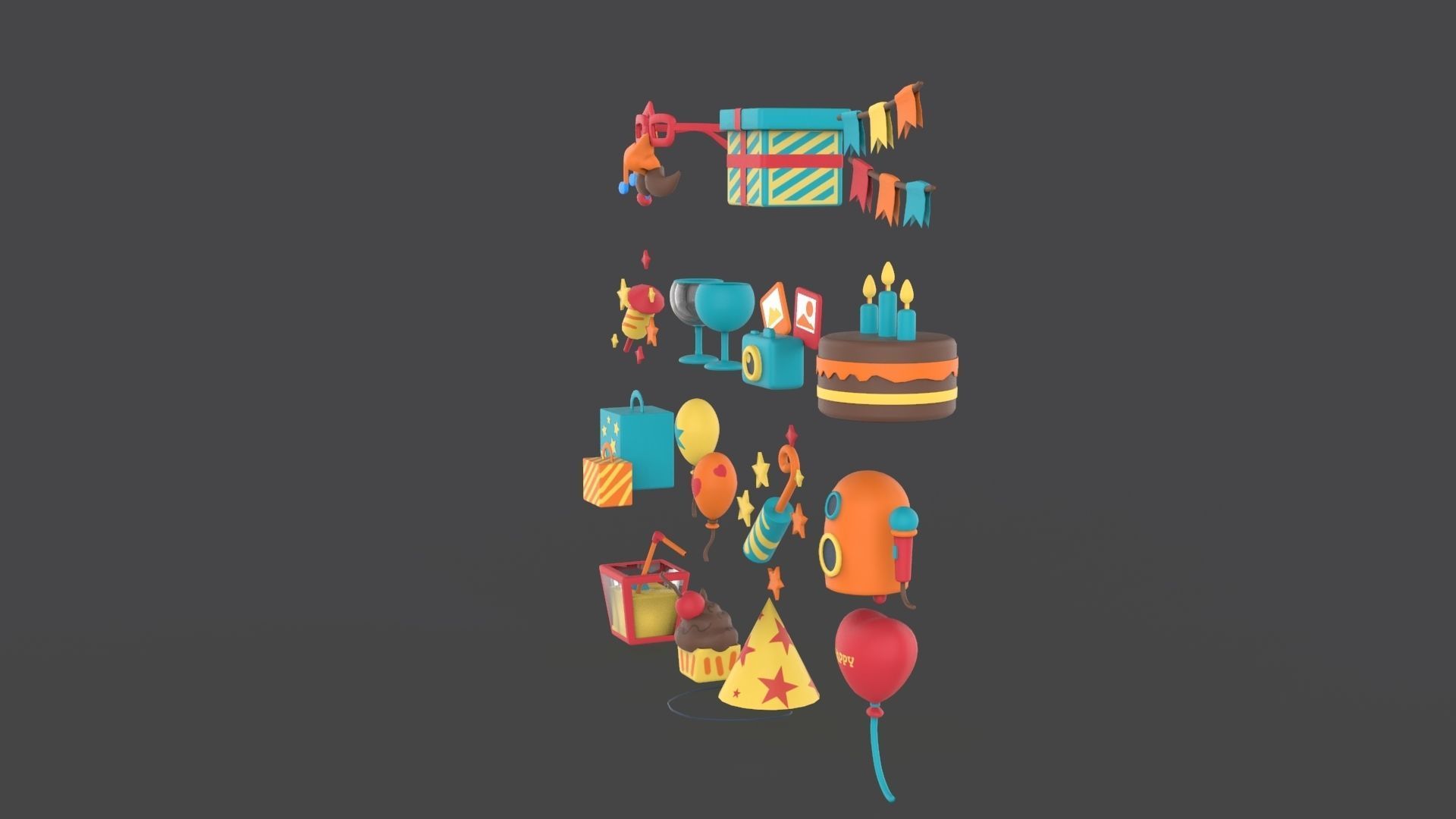 Cartoon Party Icons Pack v001 Low-poly 3D model_16