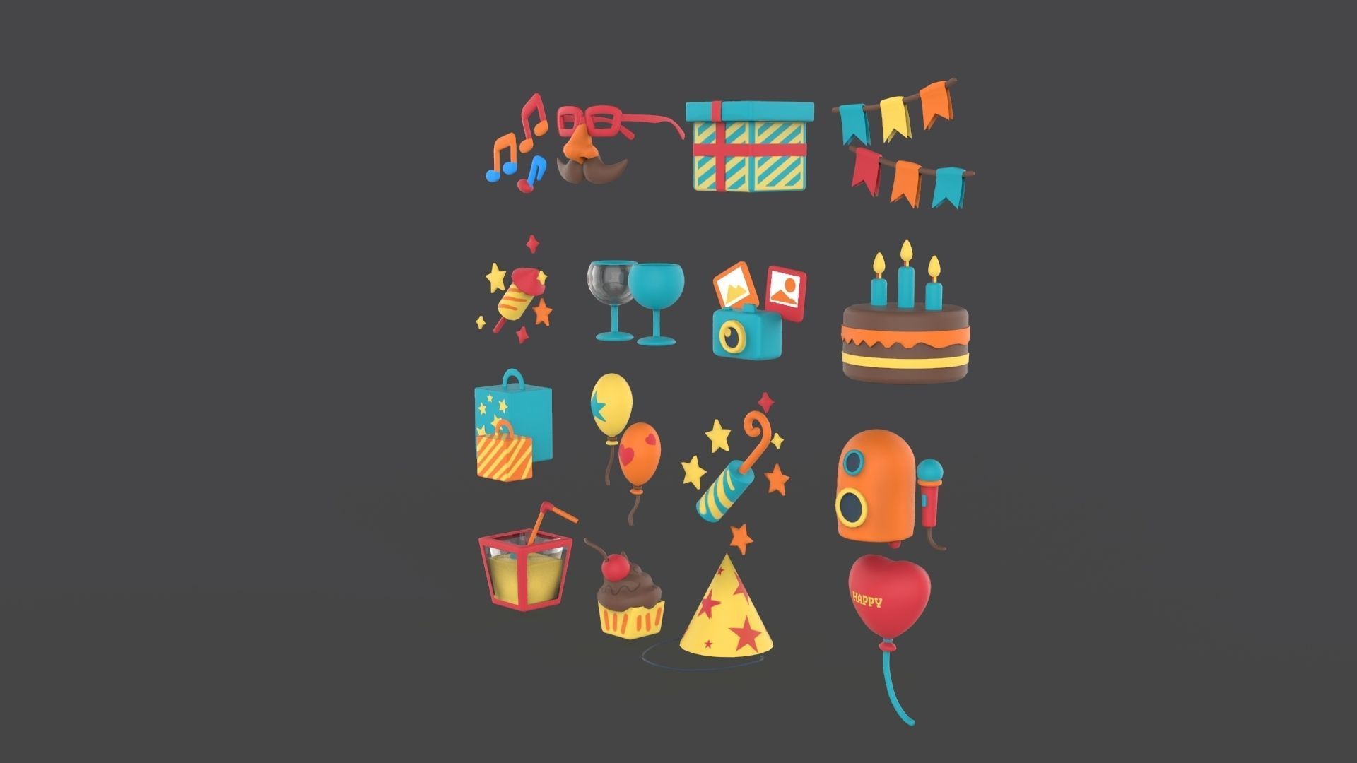 Cartoon Party Icons Pack v001 Low-poly 3D model_15
