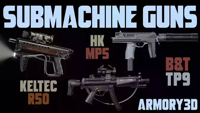 Submachine Gun Pack - Game Ready AAA Rigged Low-poly 3D model