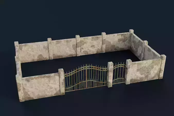 Stone wall with a gate Low-poly 3D model