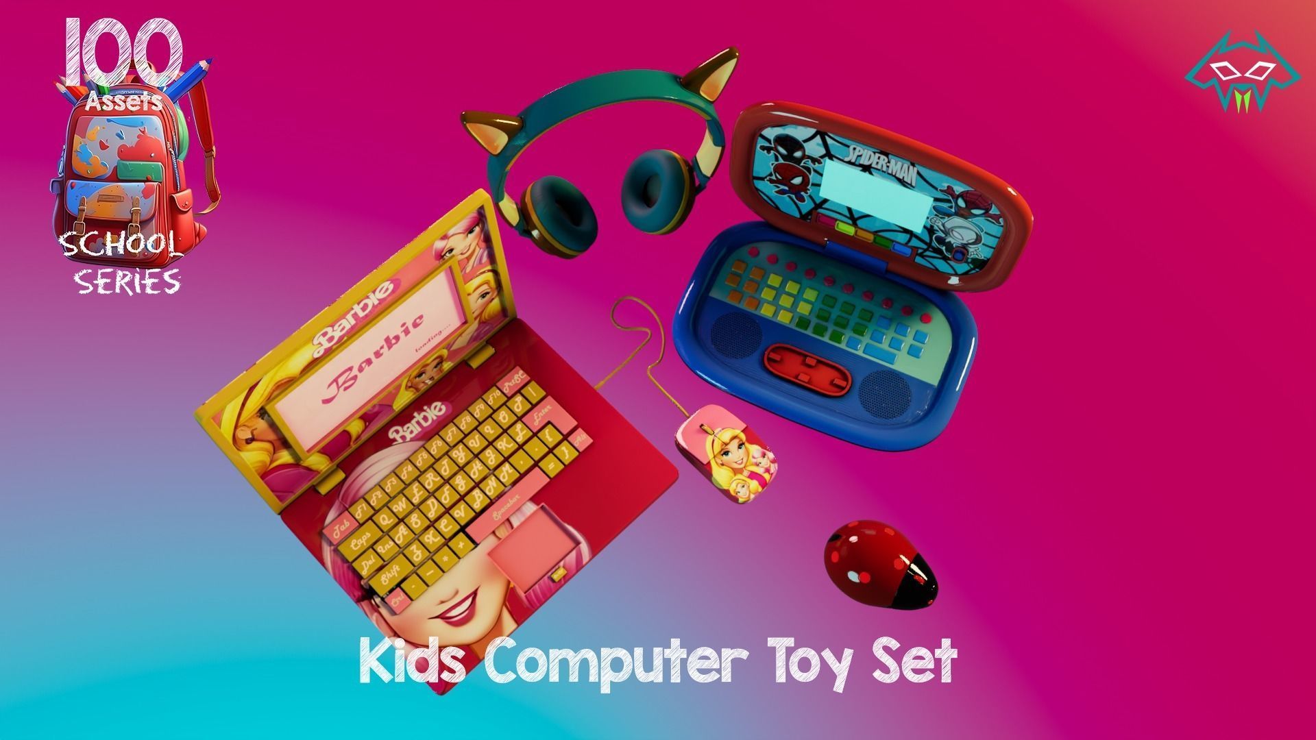 Kids Computer Toy Set - 100 Assets - School Series Low-poly 3D model_1