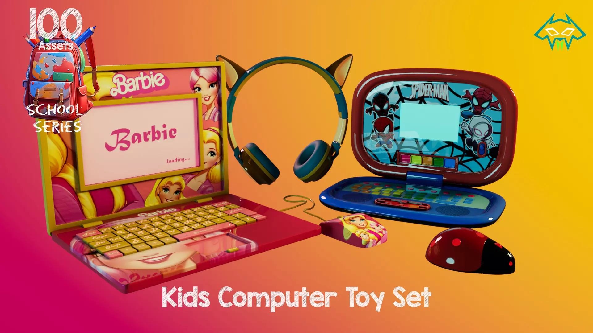 Kids Computer Toy Set - 100 Assets - School Series Low-poly 3D model_0
