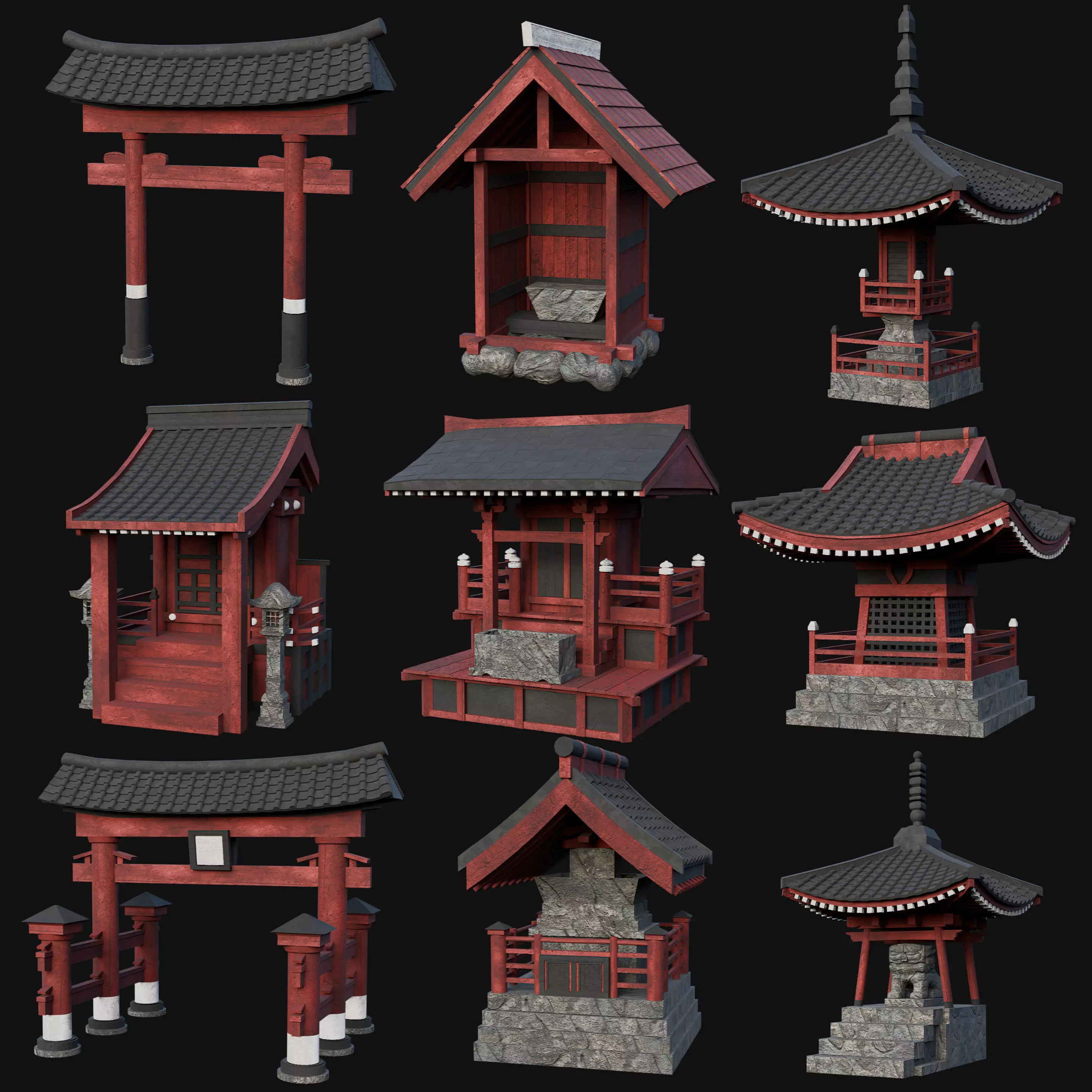 JAPANESE ASIAN MEDIEVAL FEUDAL CITY STRUCTURES COLLECTION Low-poly 3D model