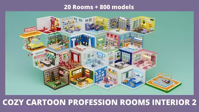 Cozy Cartoon Profession Rooms Interior 2 Low-poly 3D model