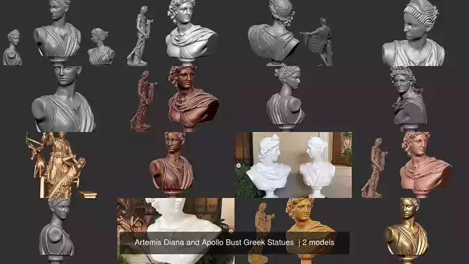 Artemis Diana and Apollo Bust Greek Statues 