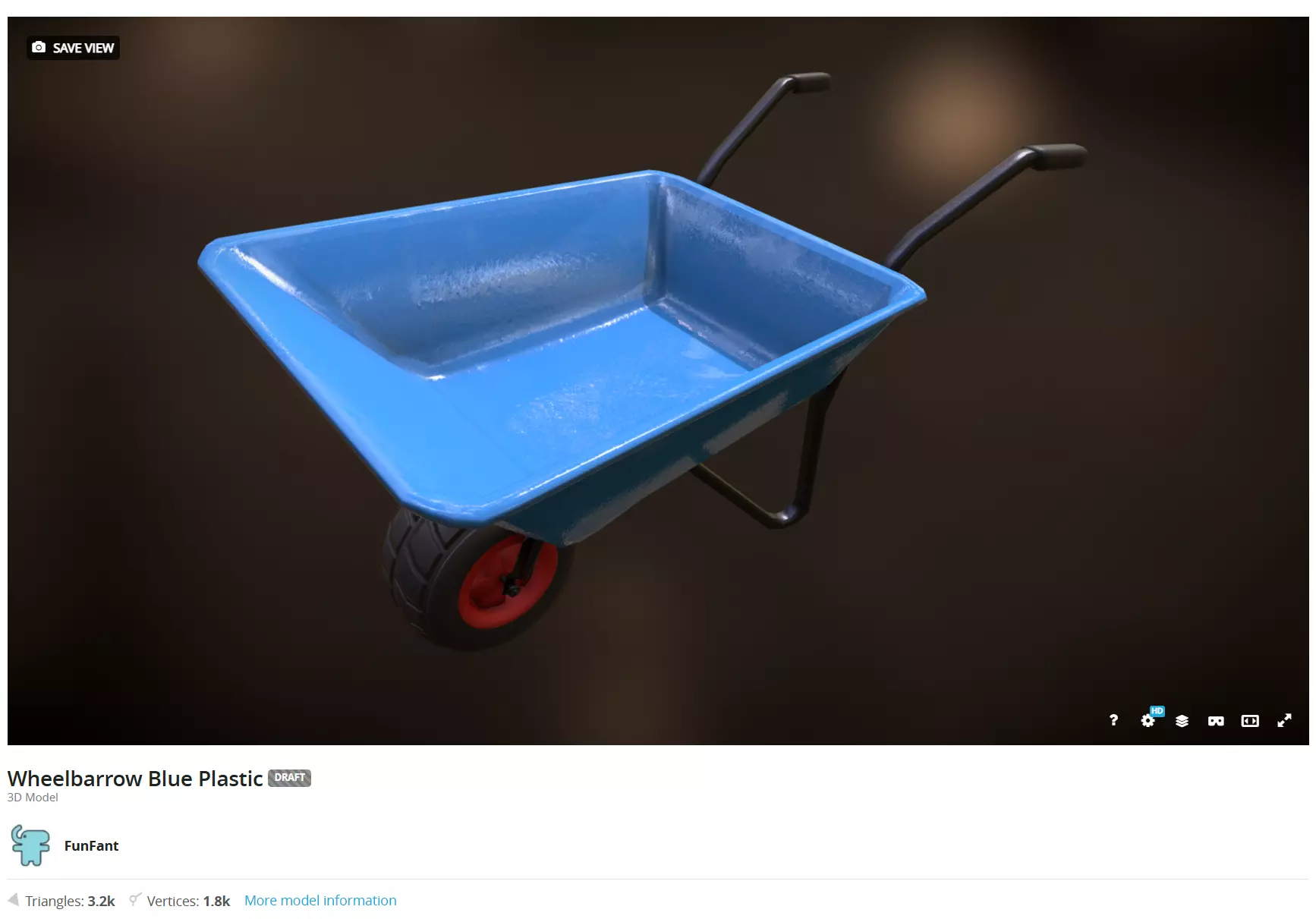 Wheelbarrow Blue Plastic Low-Poly PBR AR VR Low-poly 3D model