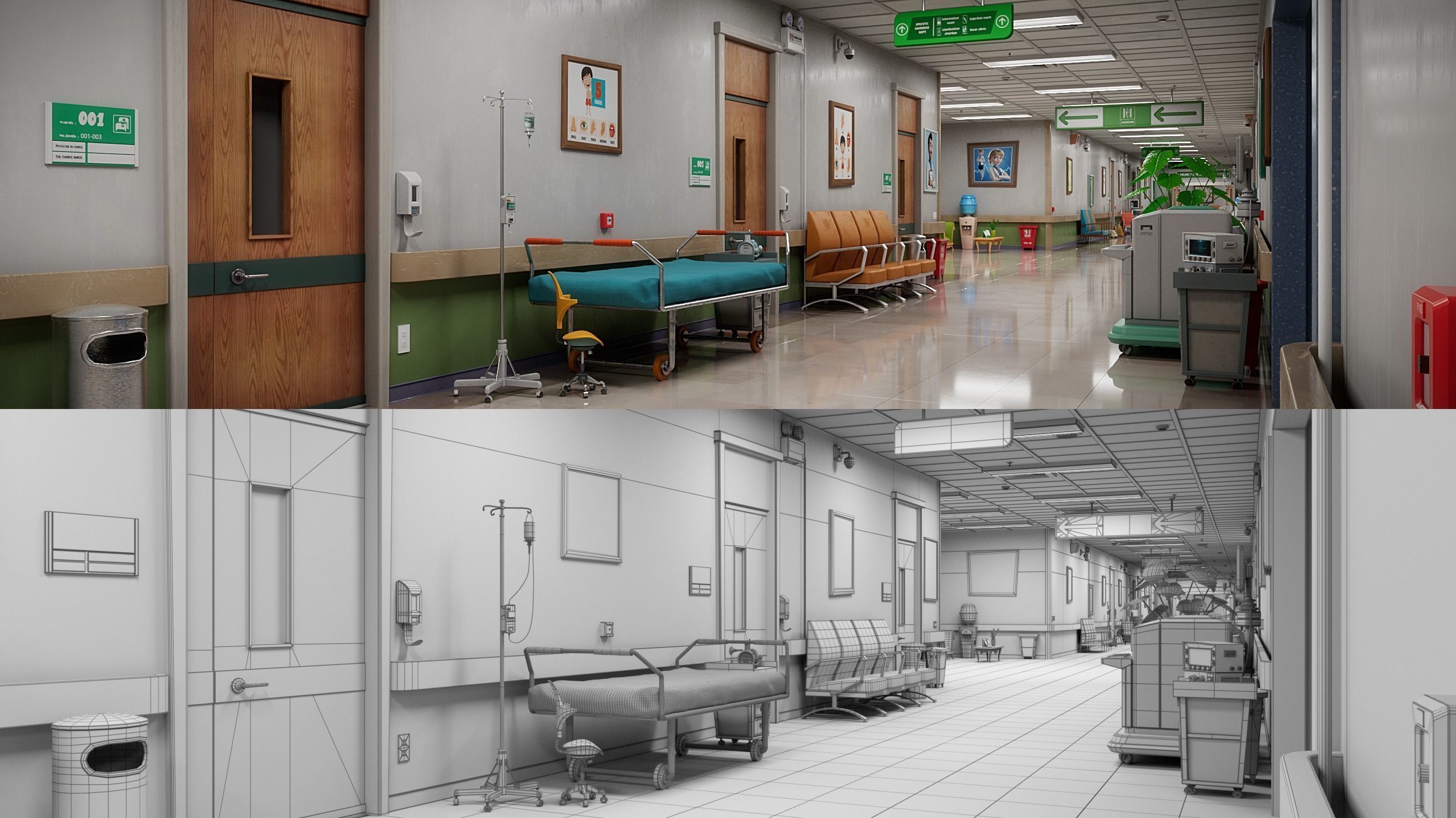 Cartoon Hospital Ward Corridor 3D model_18