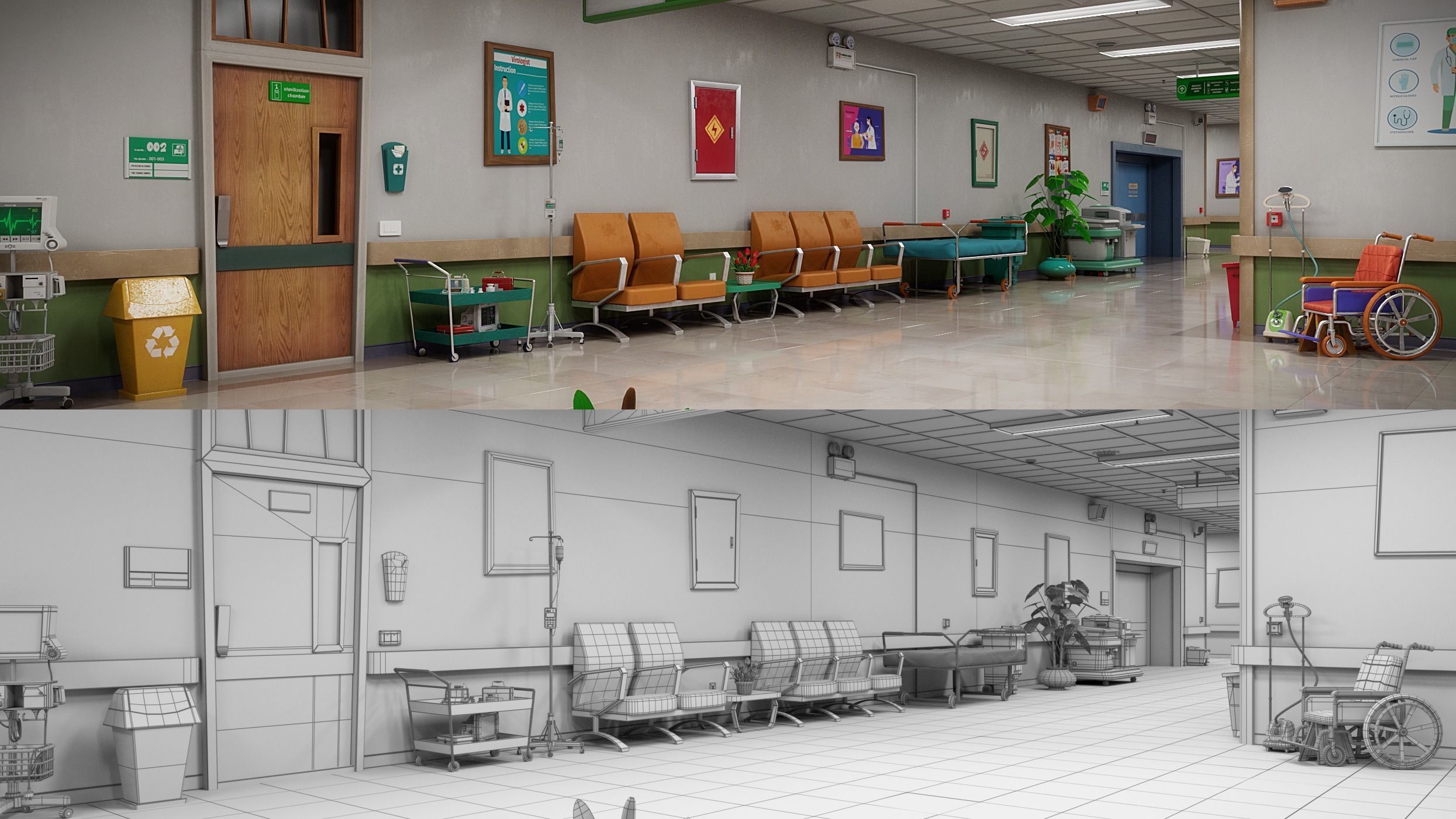 Cartoon Hospital Ward Corridor 3D model_28