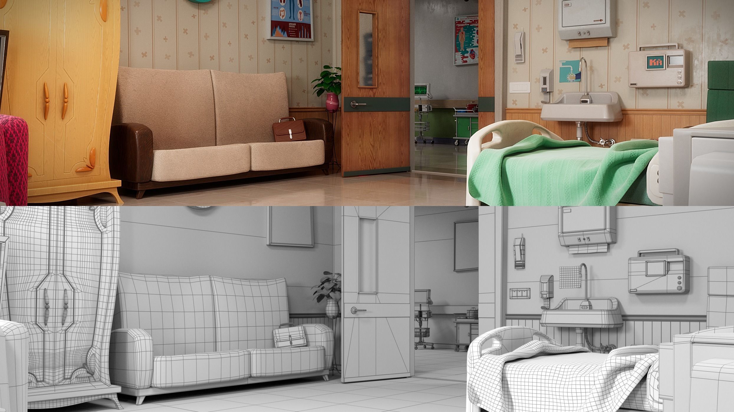Cartoon Hospital Ward Corridor 3D model_20