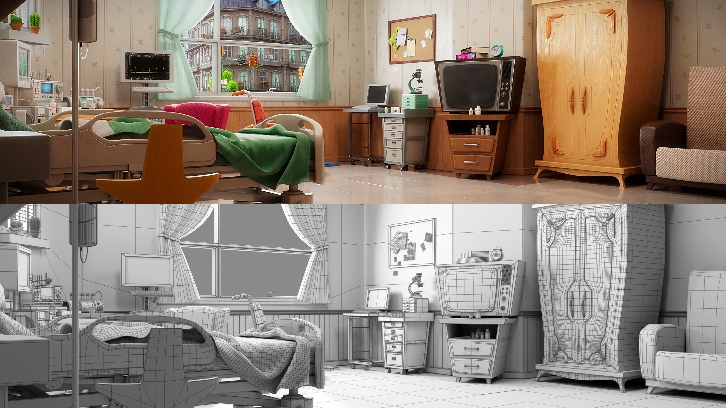 Cartoon Hospital Ward Corridor 3D model_9