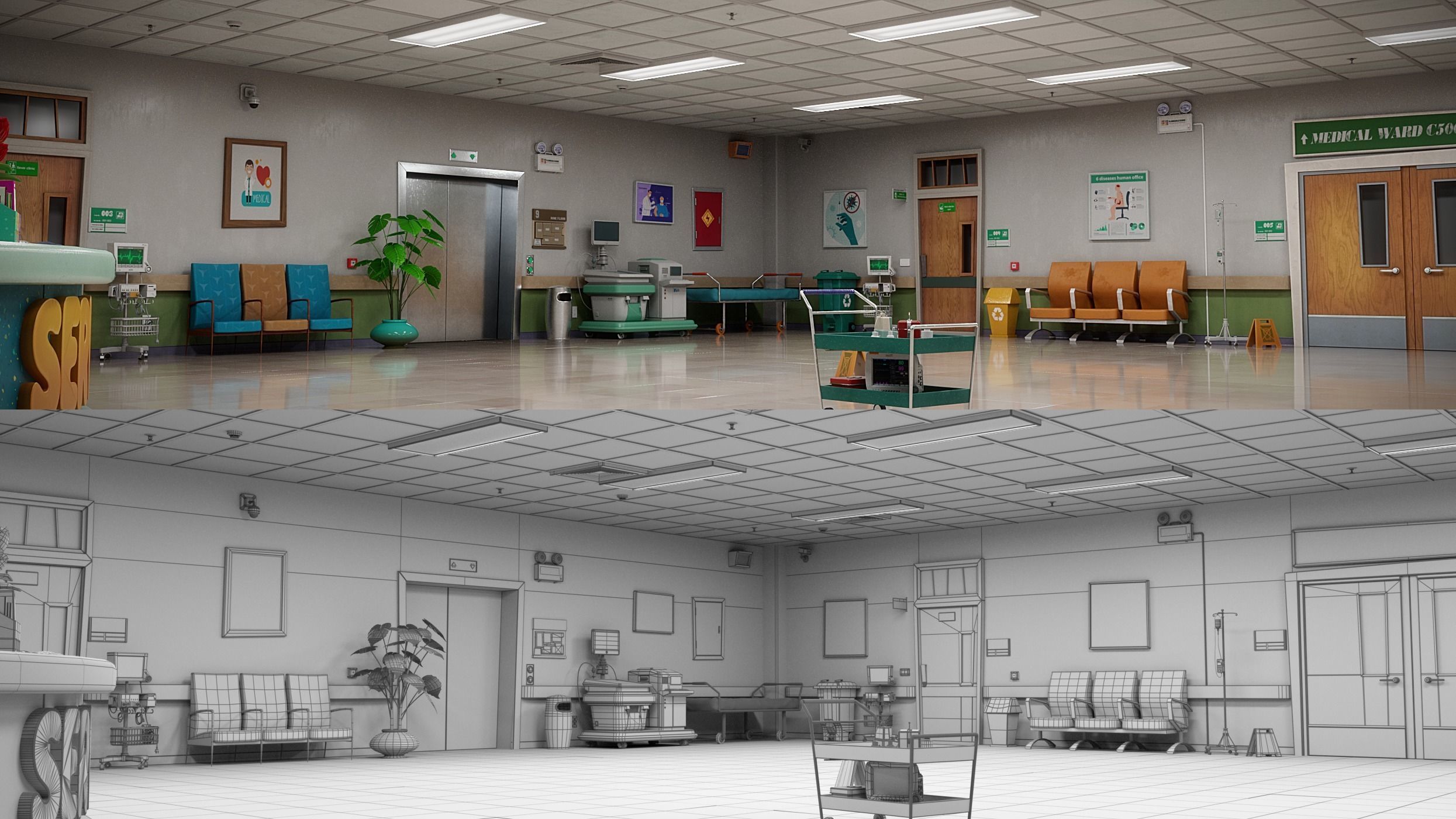 Cartoon Hospital Ward Corridor 3D model_25