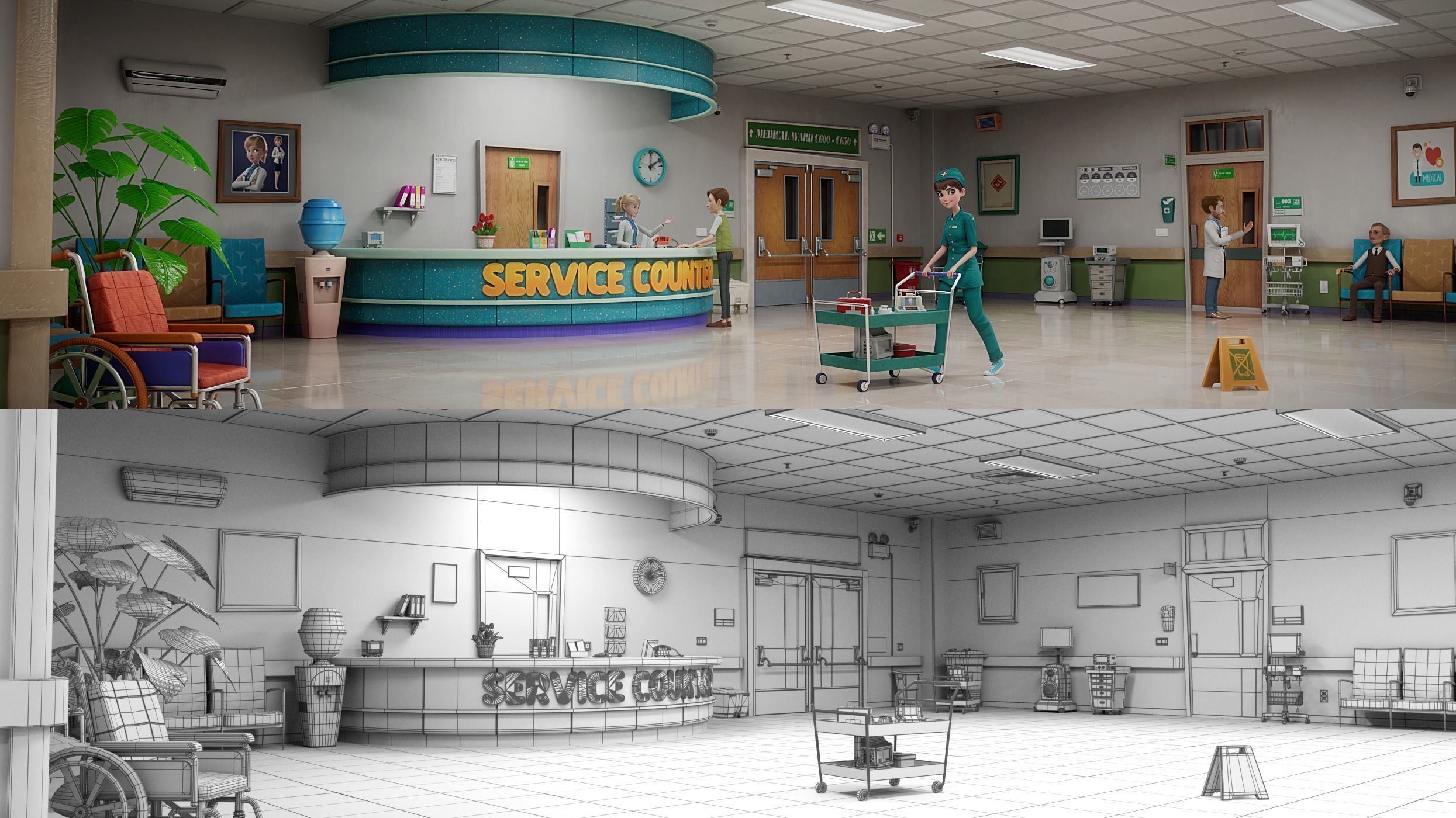 Cartoon Hospital Ward Corridor 3D model_3