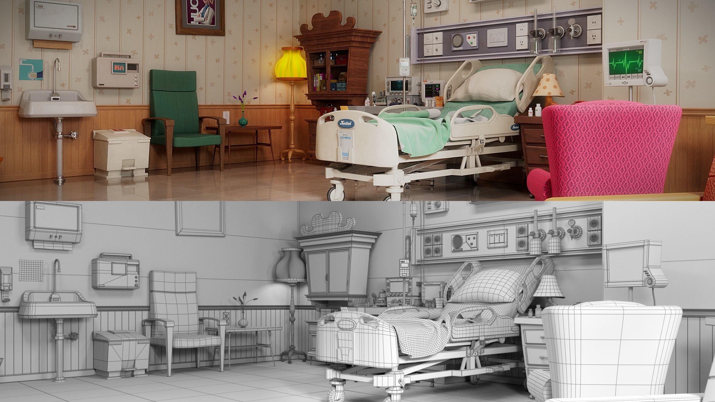 Cartoon Hospital Ward Corridor 3D model_12