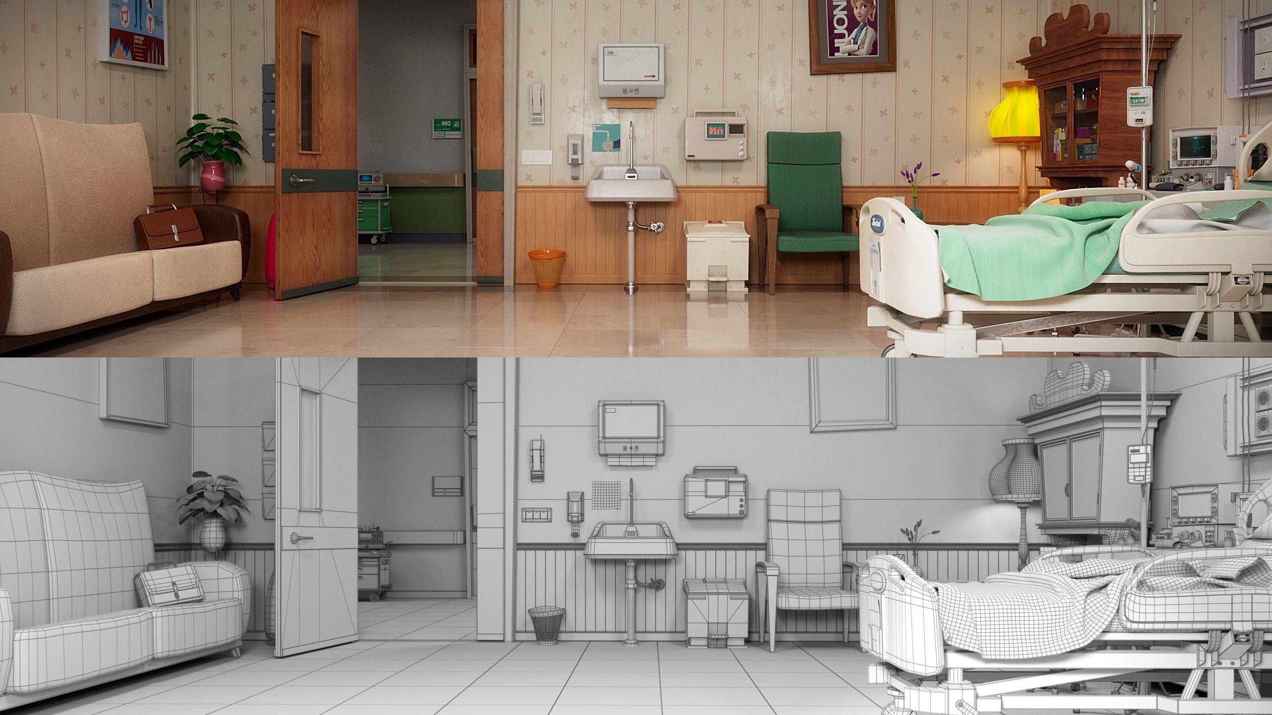 Cartoon Hospital Ward Corridor 3D model_17