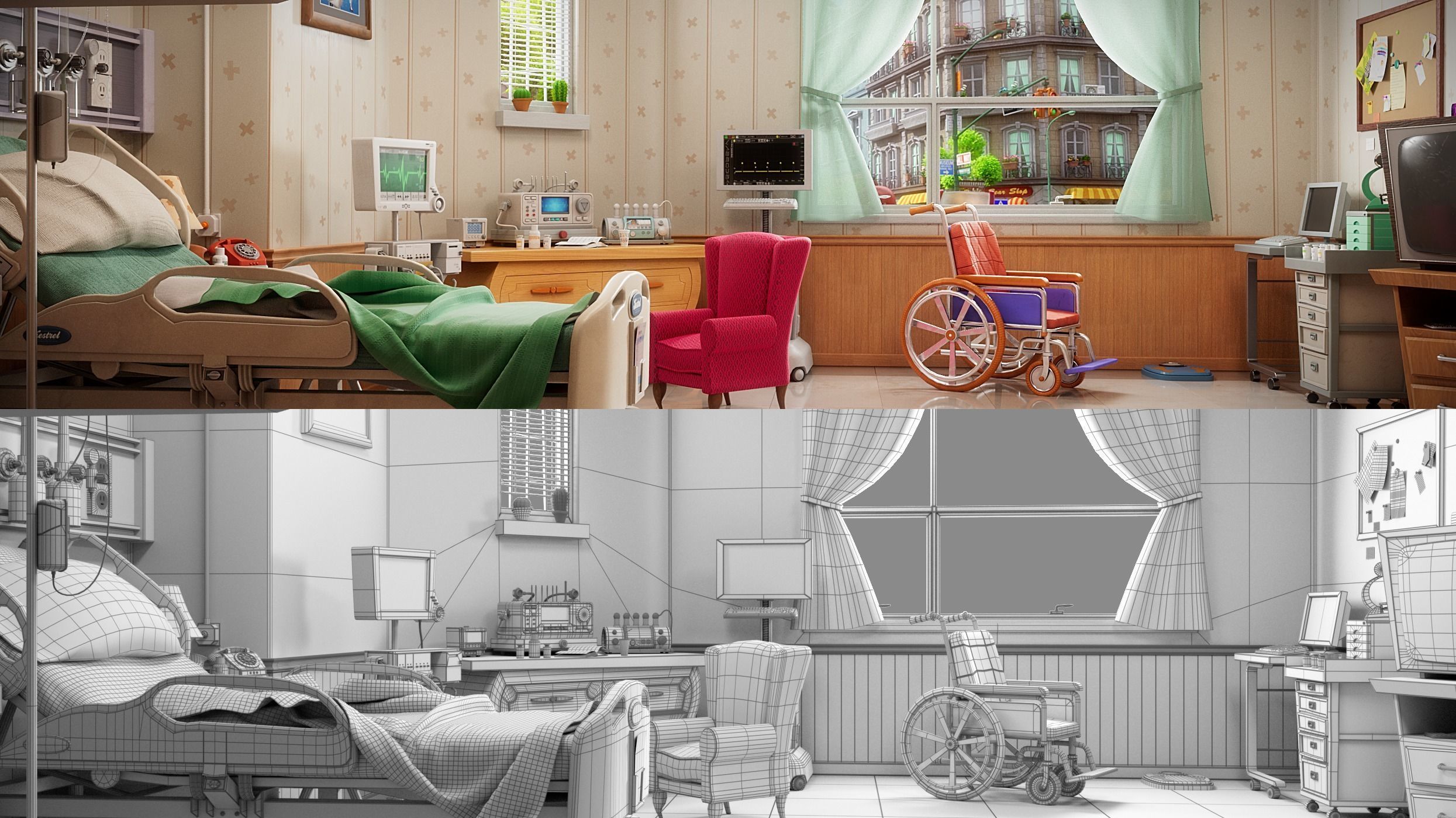 Cartoon Hospital Ward Corridor 3D model_14