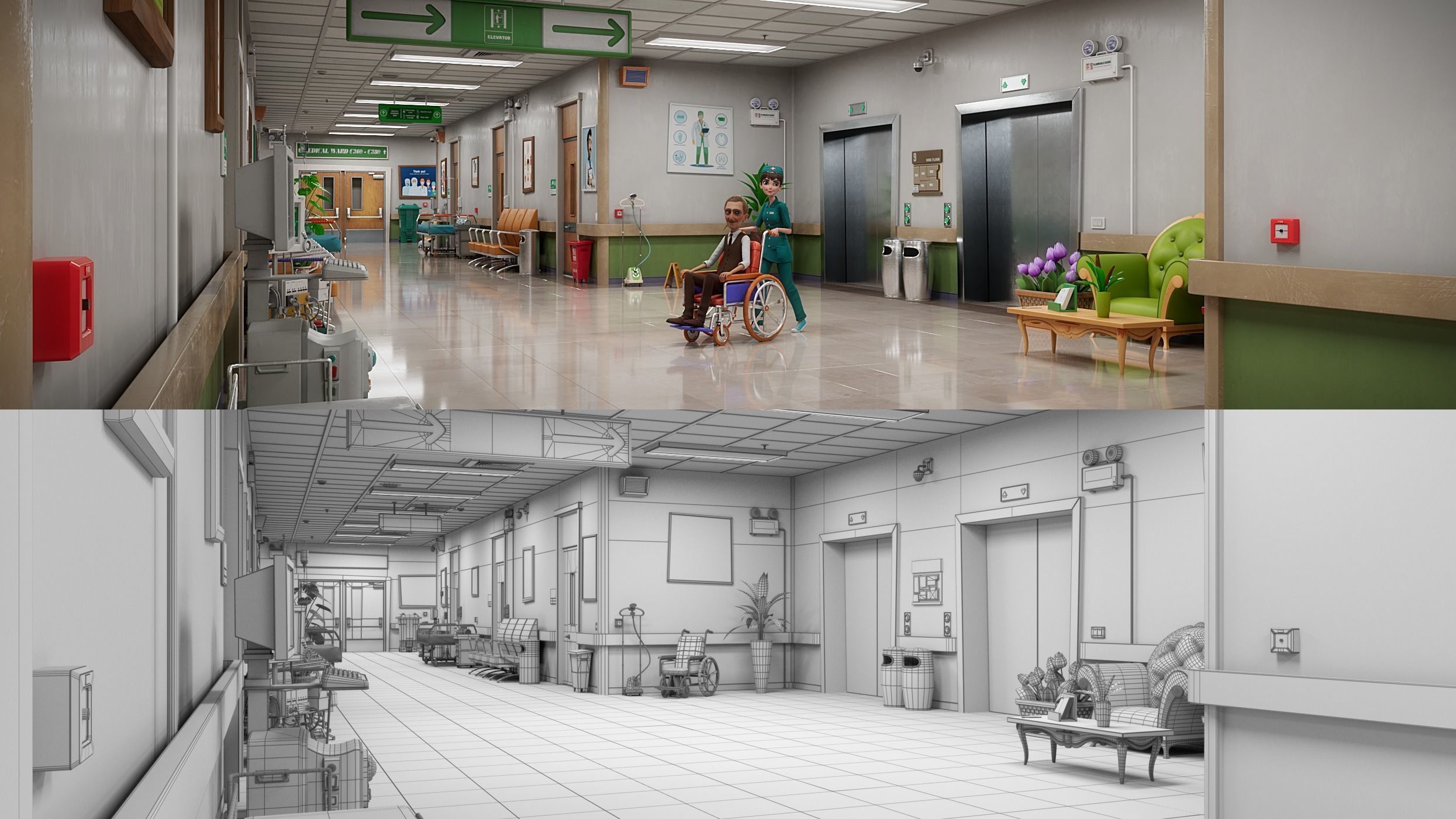 Cartoon Hospital Ward Corridor 3D model_4