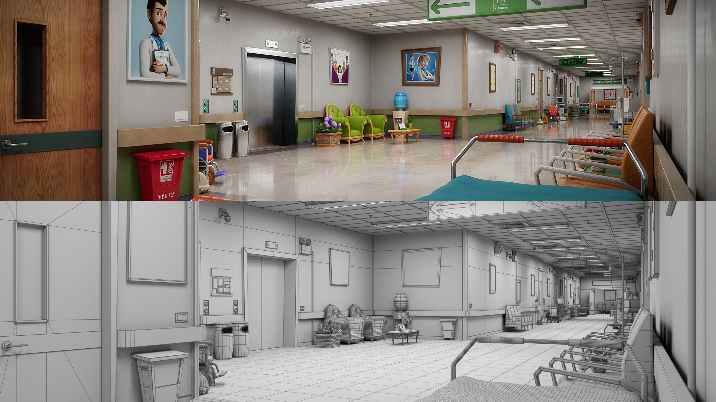 Cartoon Hospital Ward Corridor 3D model_10
