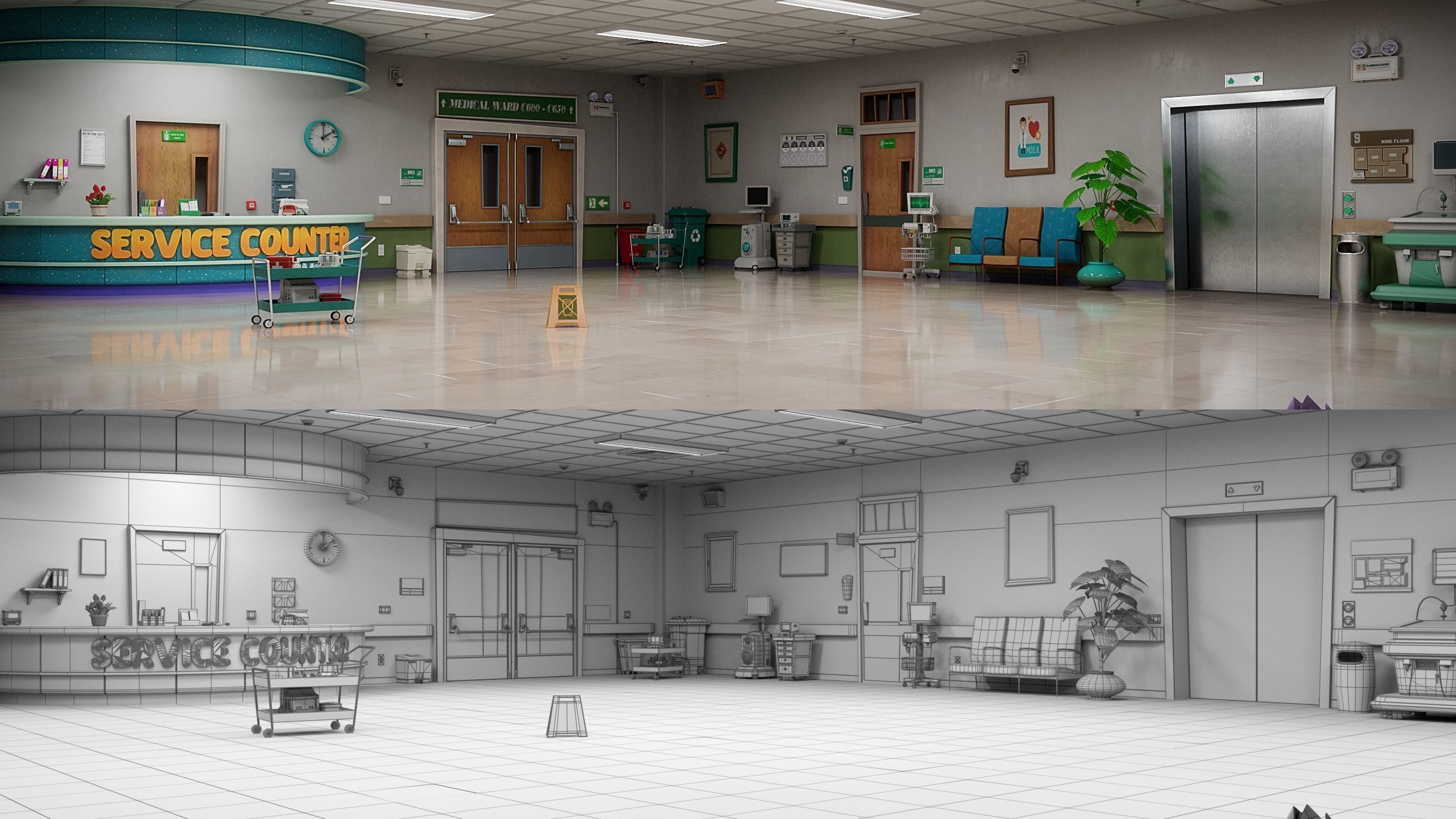 Cartoon Hospital Ward Corridor 3D model_7