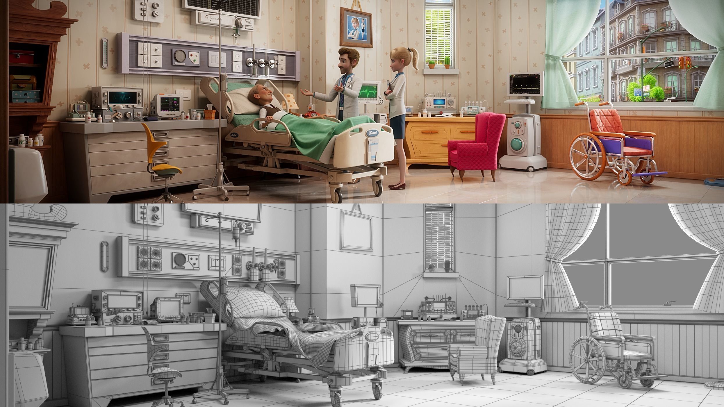 Cartoon Hospital Ward Corridor 3D model_1