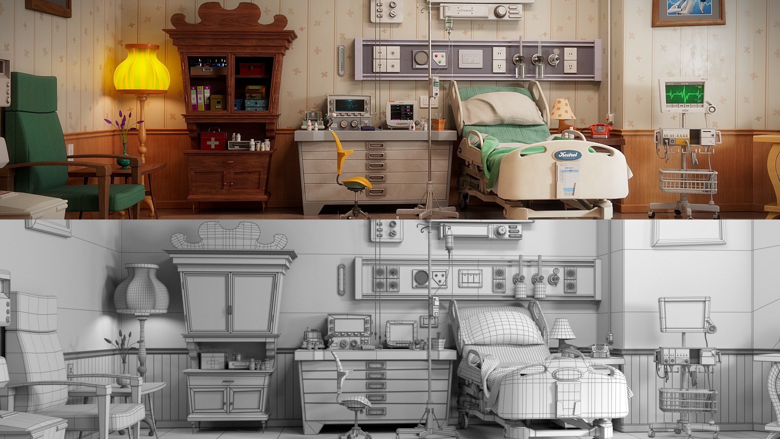 Cartoon Hospital Ward Corridor 3D model_6