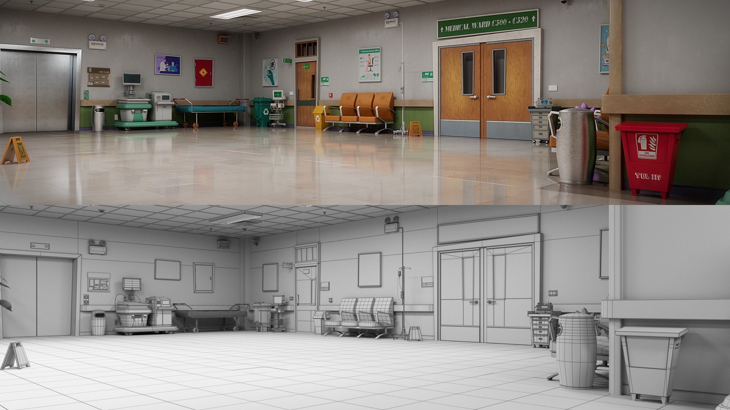 Cartoon Hospital Ward Corridor 3D model_27
