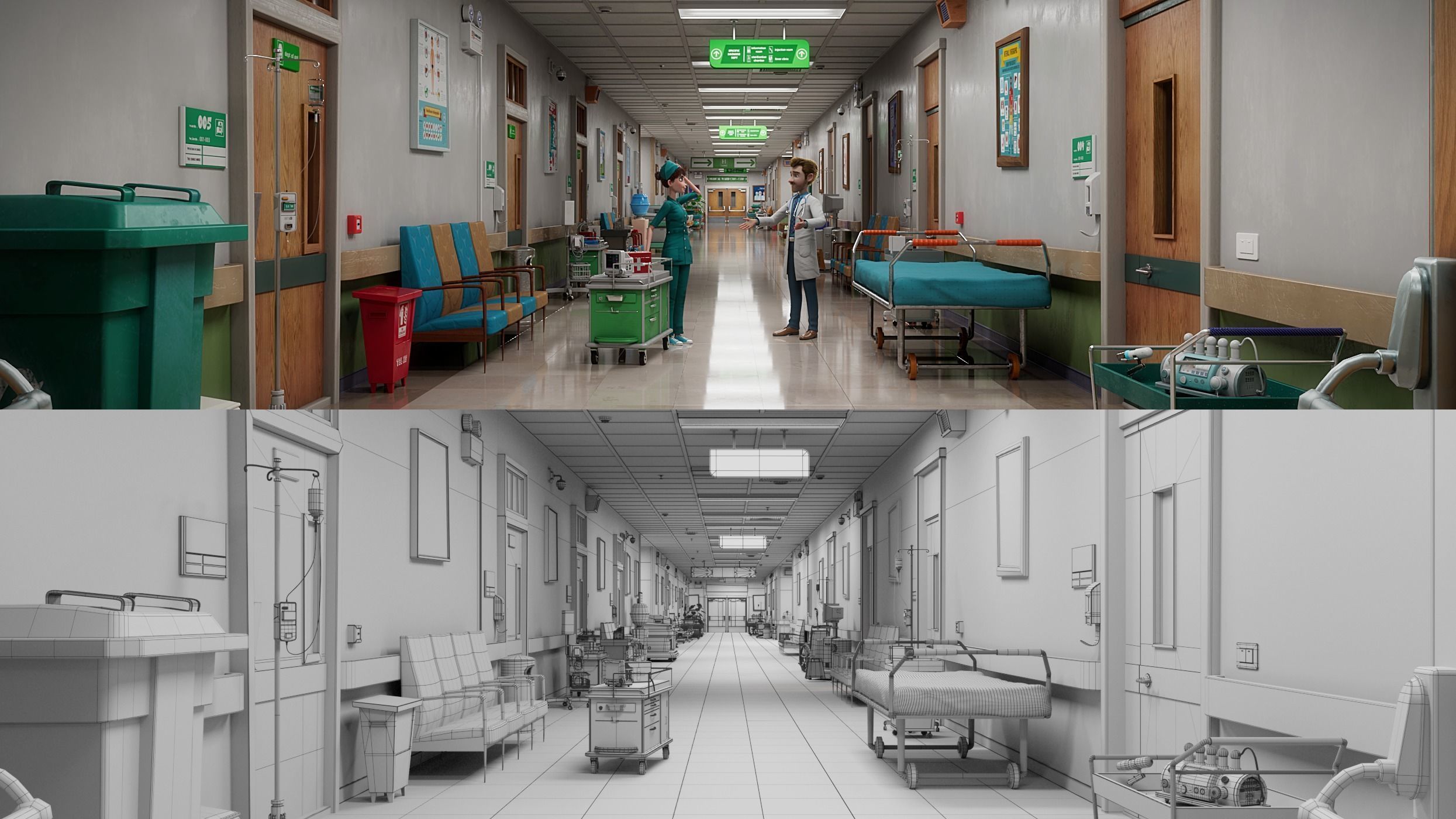 Cartoon Hospital Ward Corridor 3D model_2