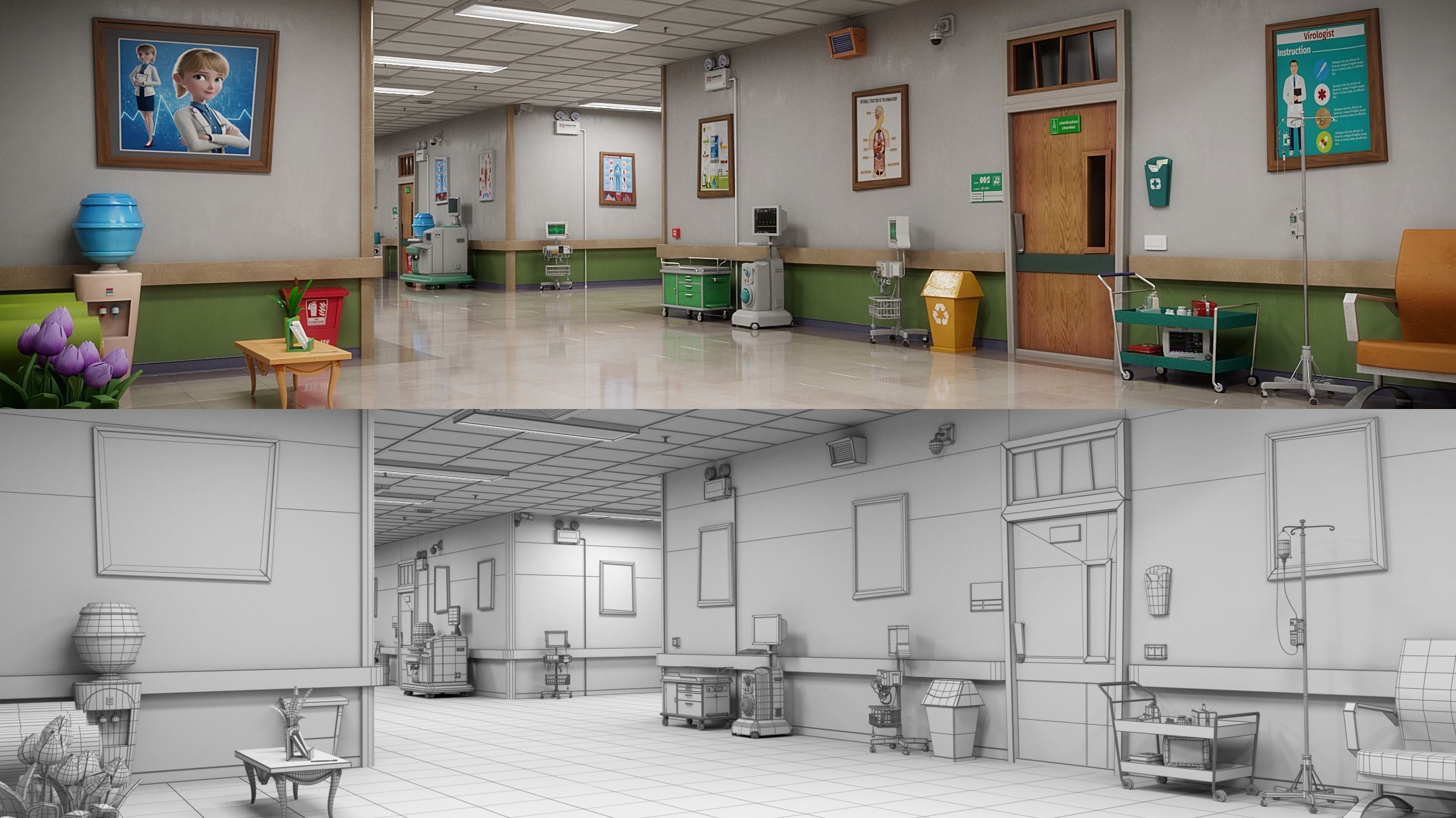 Cartoon Hospital Ward Corridor 3D model_26