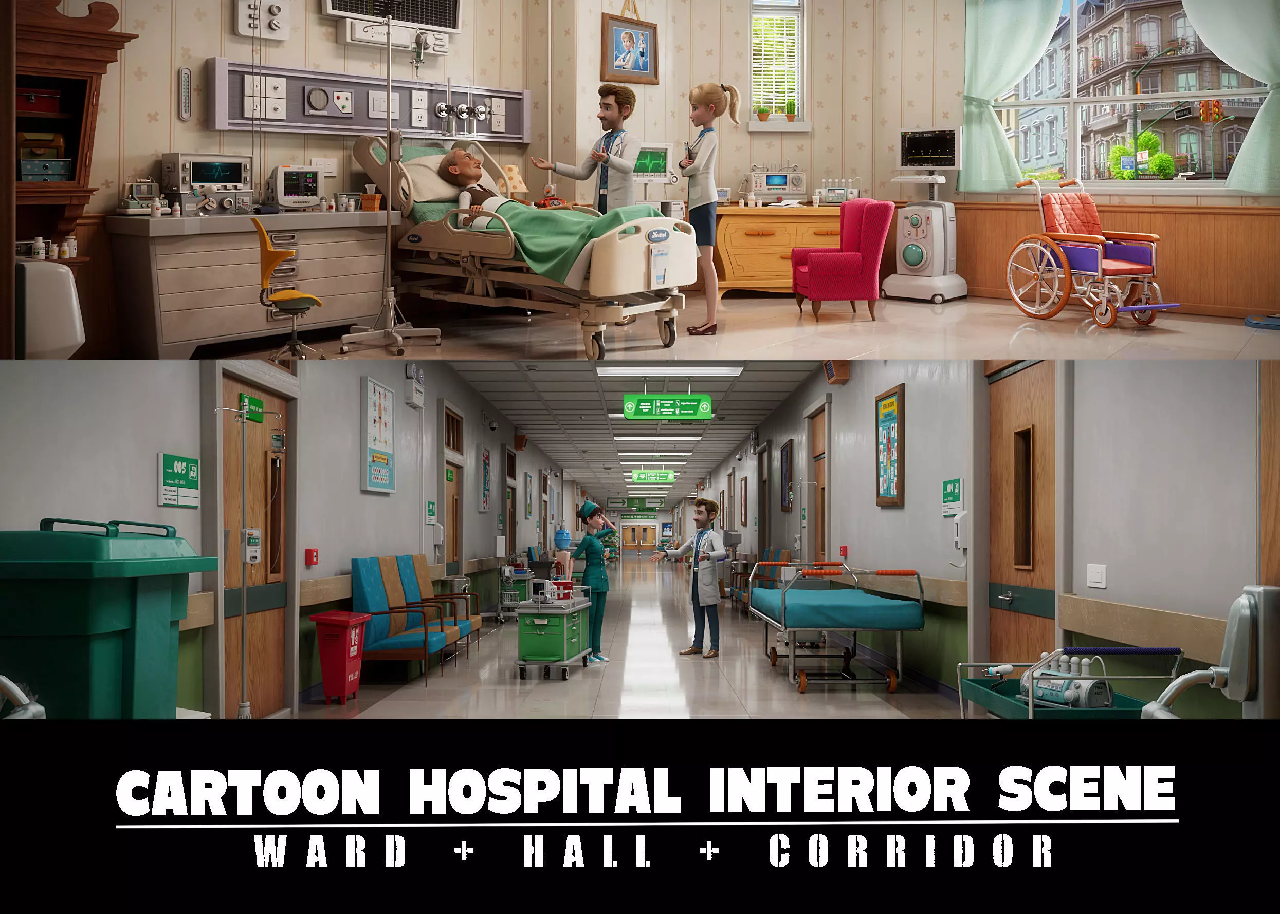 Cartoon Hospital Ward Corridor 3D model_0