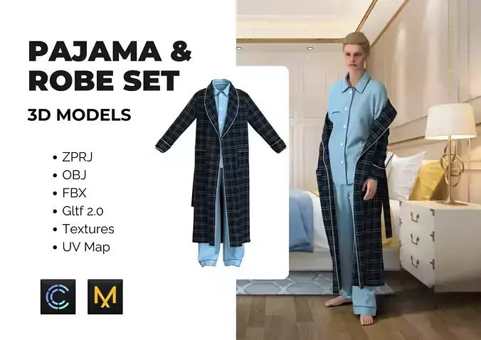 Women Pajama and Flannel Robe Set - 3D model