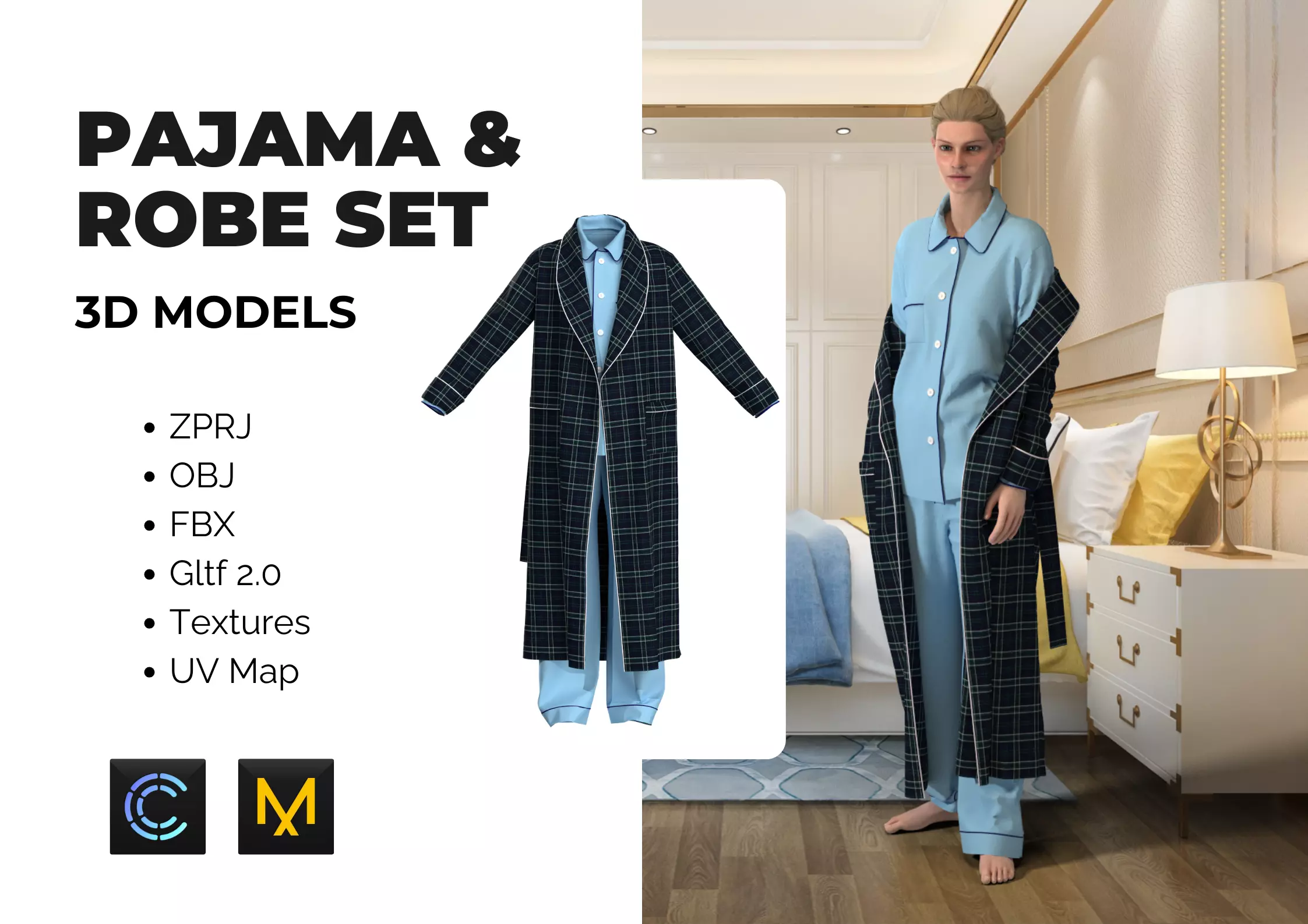 Women Pajama and Flannel Robe Set - 3D model 3D model
