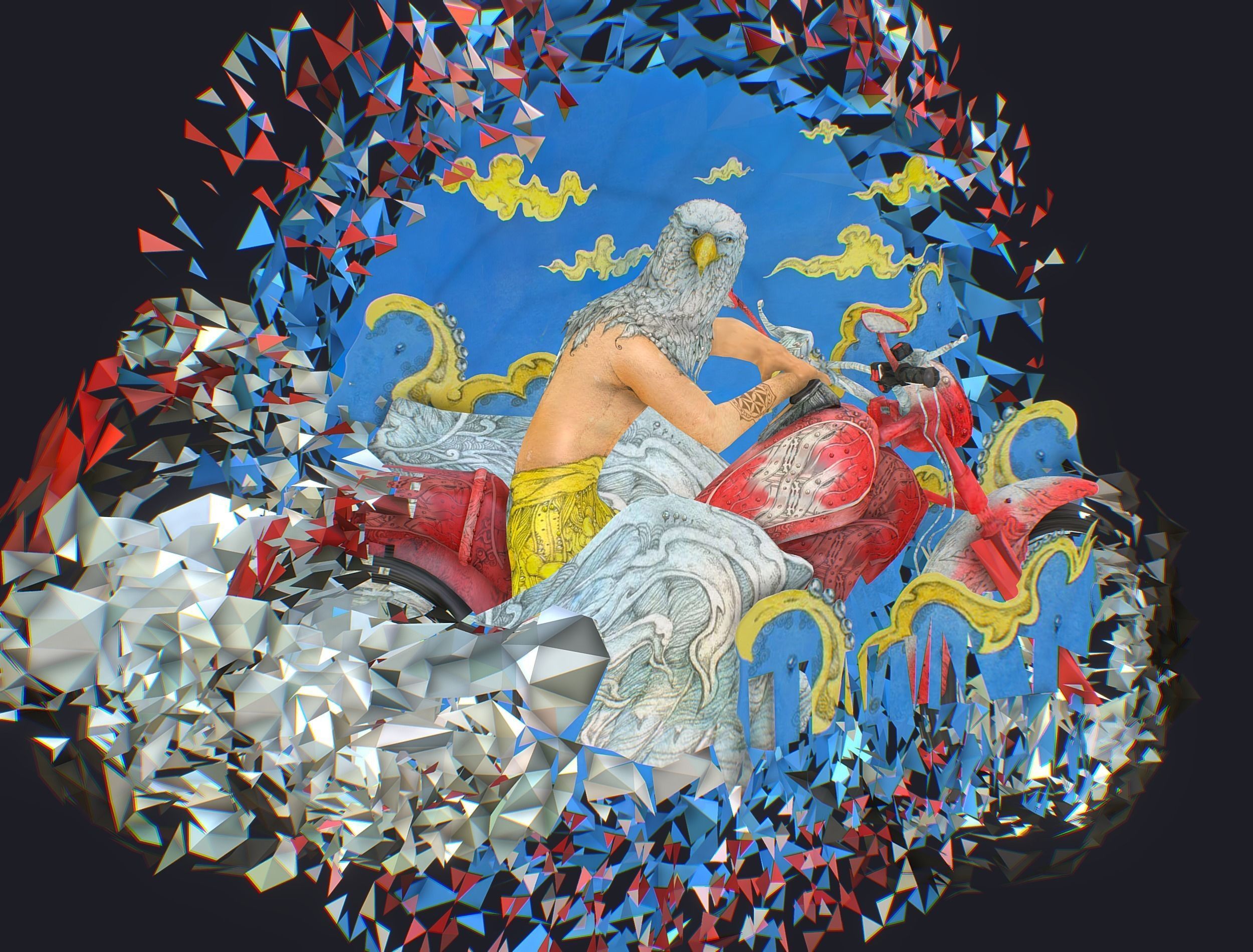 Animated Cartoon 3D Biker Scene in the Clouds Low-poly 3D model_7