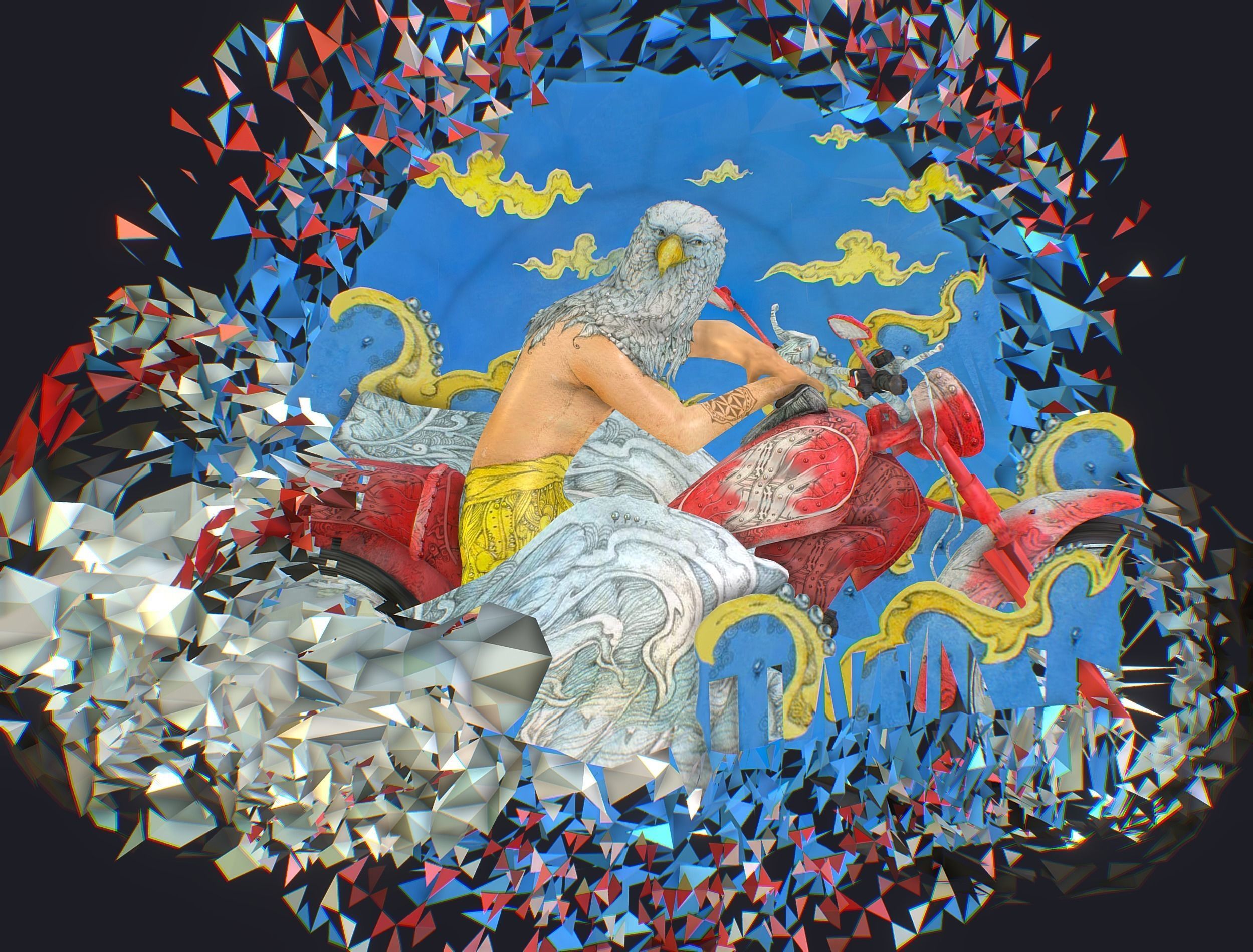 Animated Cartoon 3D Biker Scene in the Clouds Low-poly 3D model_6