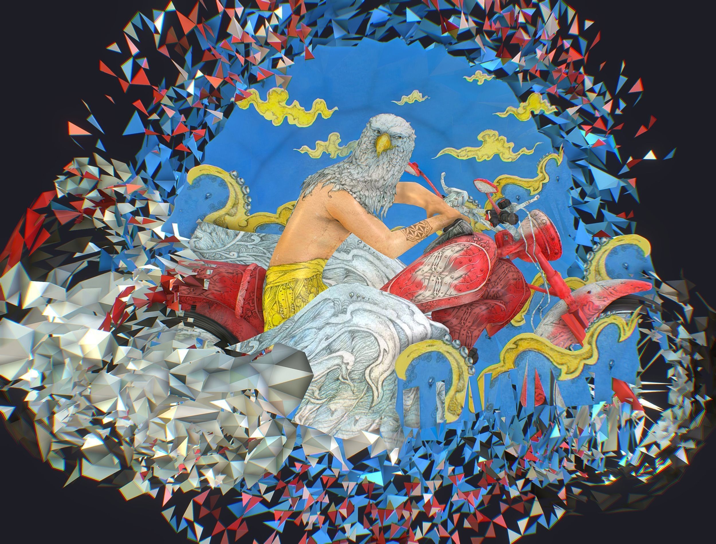 Animated Cartoon 3D Biker Scene in the Clouds Low-poly 3D model_5