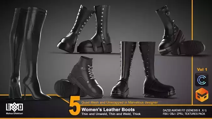 5 Women Leather Boots - VOL1 3D model