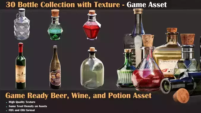 30 Bottle Collection with Texture - Game Asset   3D model