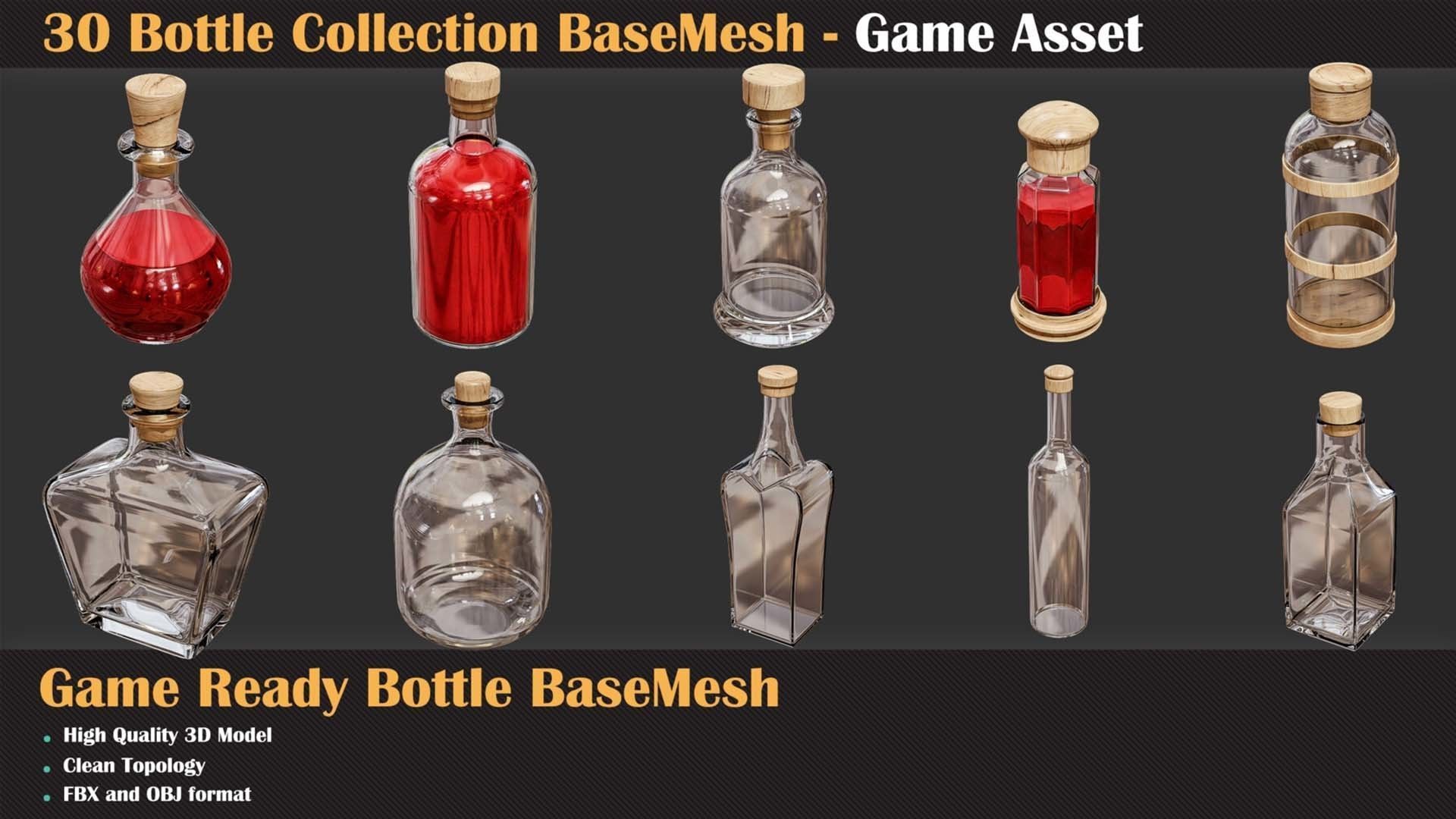 30 Bottle Collection BaseMesh - Game Asset 3D model_3