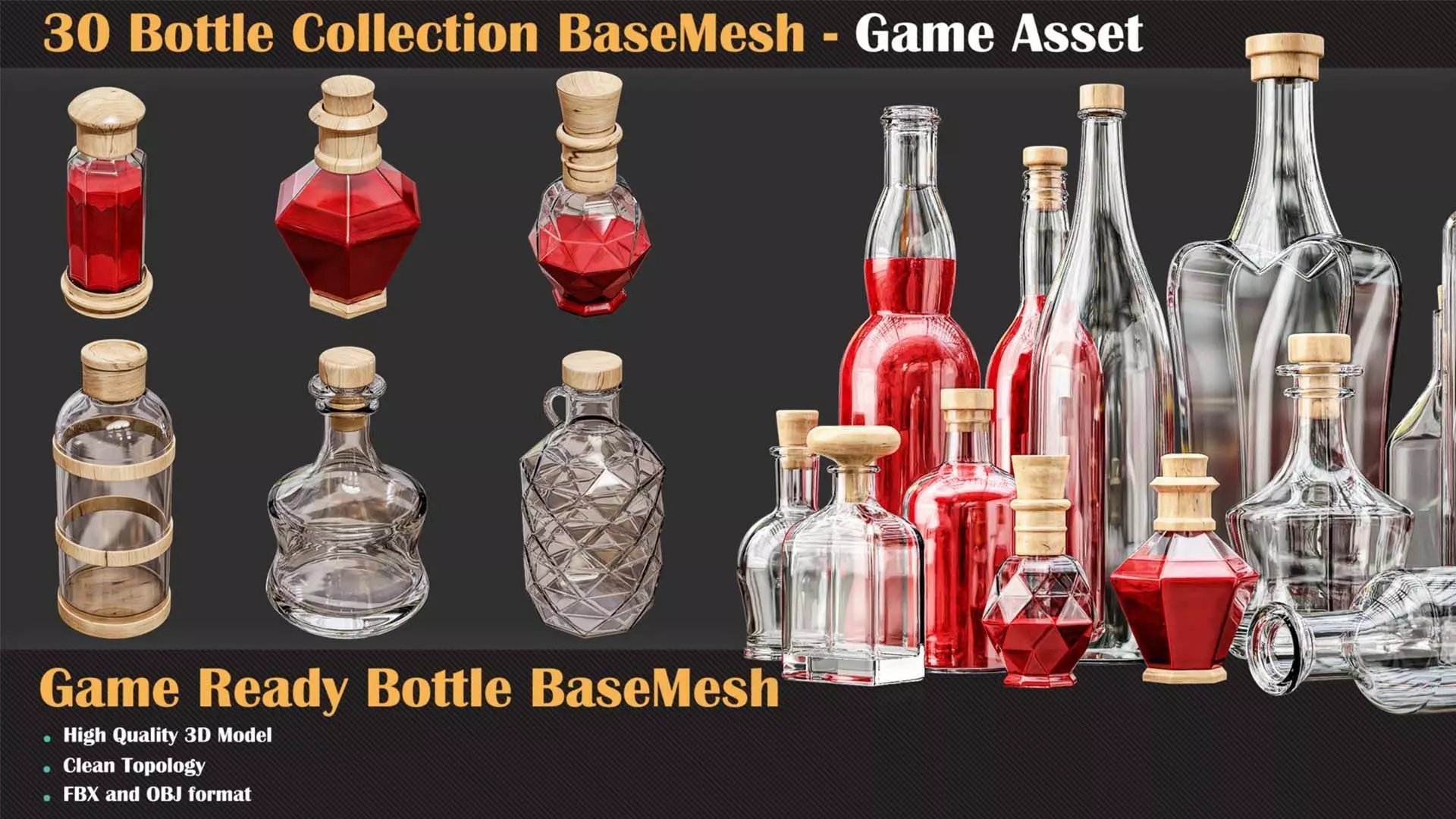 30 Bottle Collection BaseMesh - Game Asset 3D model_0