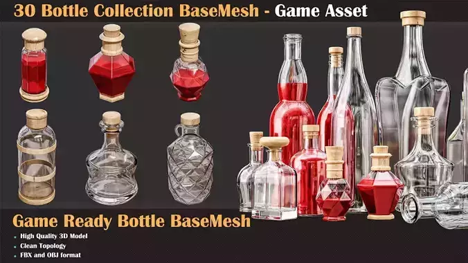 30 Bottle Collection BaseMesh - Game Asset  