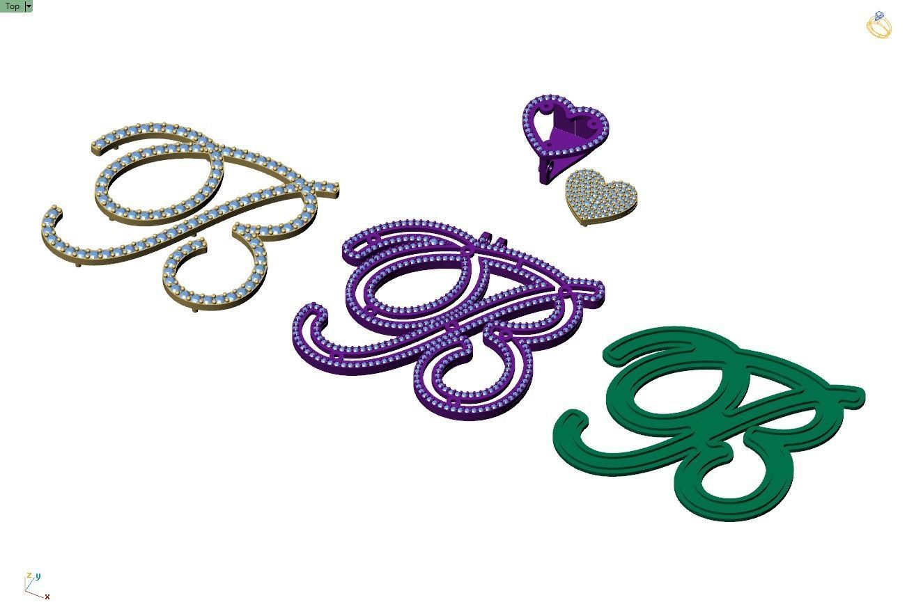 Custom Cursive Initial B Letter Diamond Pendant A to Z Alphabet 3D print model_12