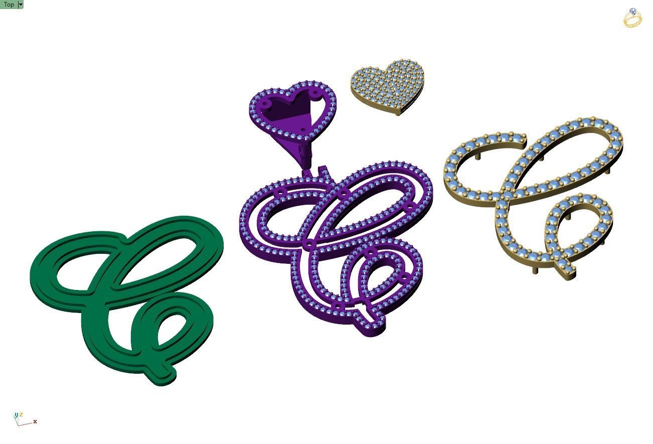 Custom Cursive Initial C Letter Diamond Pendant A to Z Alphabet 3D print model_12