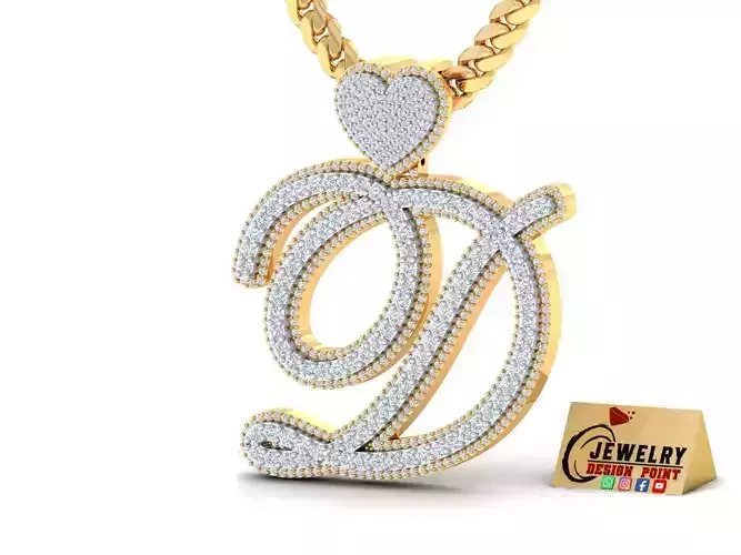 Custom Cursive Initial D Letter Diamond Pendant A to Z Alphabet 3D print model