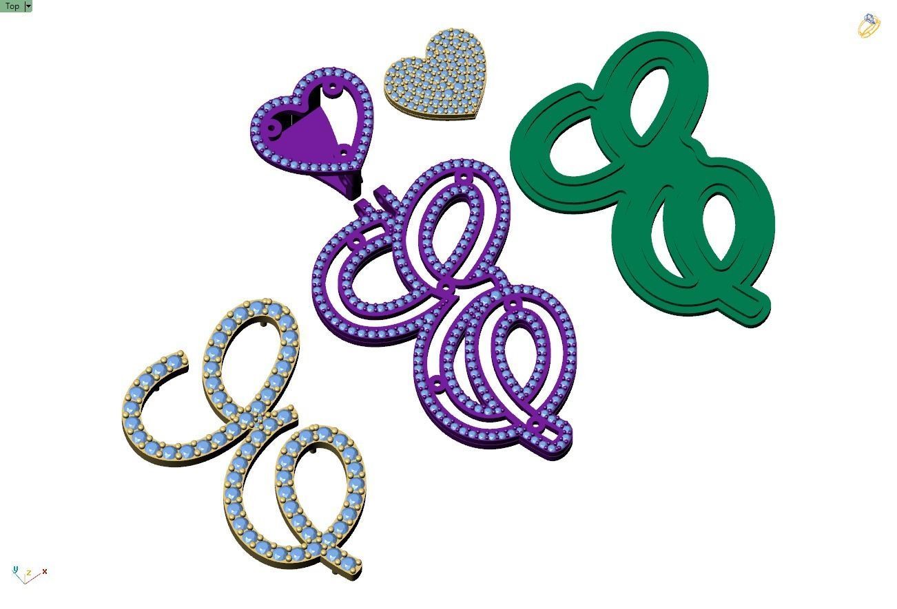 Custom Cursive Initial E Letter Diamond Pendant A to Z Alphabet 3D print model_13