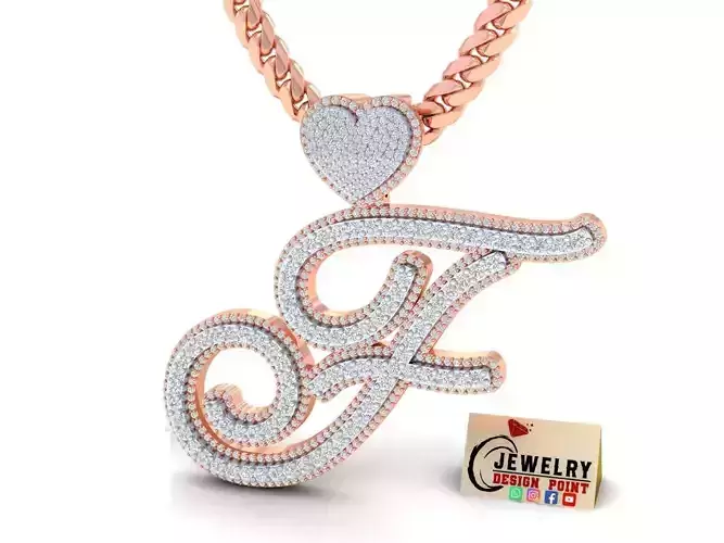 Custom Cursive Initial F Letter Diamond Pendant A to Z Alphabet 3D print model