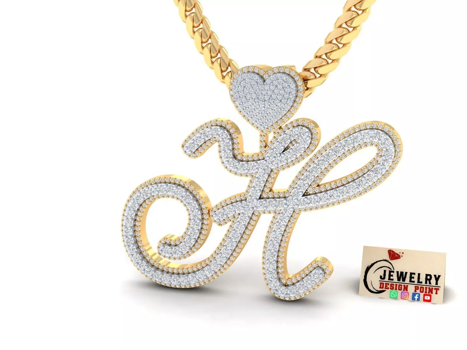 Custom Cursive Initial H Letter Diamond Pendant A to Z Alphabet 3D print model_0