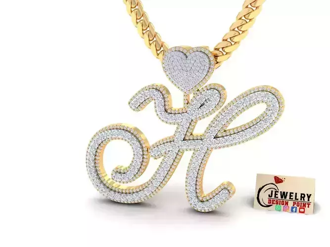 Custom Cursive Initial H Letter Diamond Pendant A to Z Alphabet 3D print model